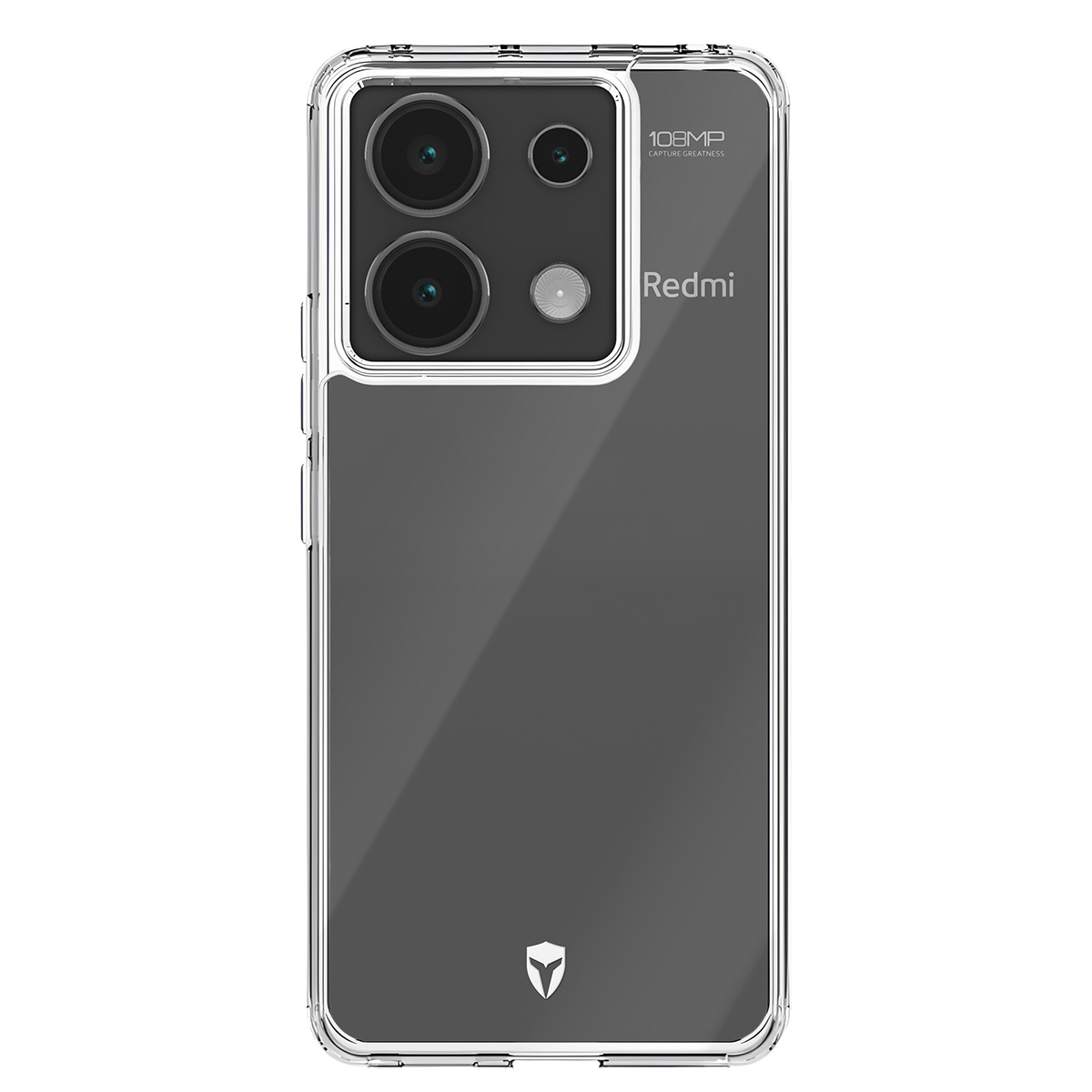 Custodia trasparente per telefono su un telefono grigio. Quattro obiettivi, logo Redmi e un piccolo logo in basso. La custodia ha un bordo trasparente.