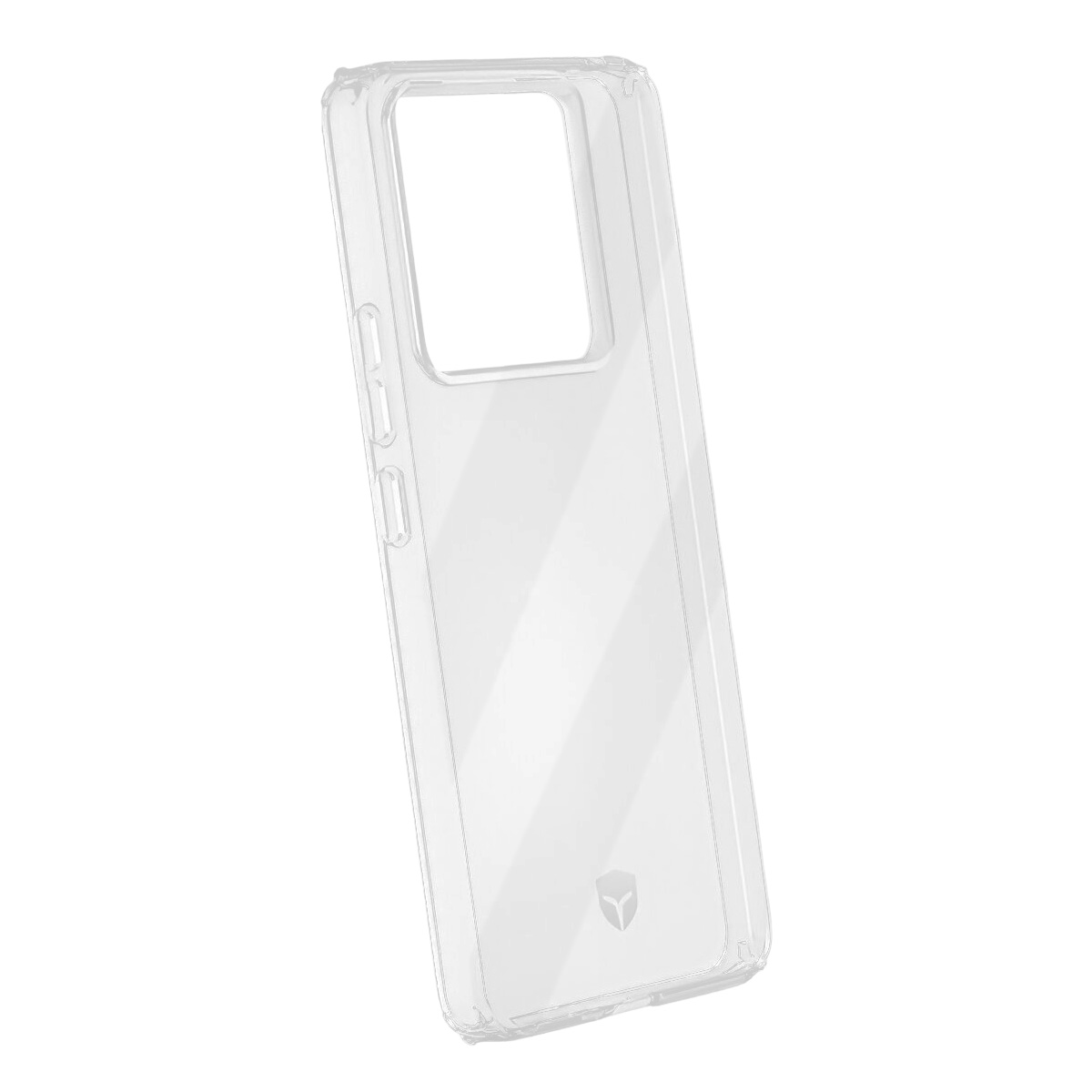 Custodia trasparente per smartphone. La custodia è trasparente e angolata, con un ritaglio rettangolare per la fotocamera e tasti laterali visibili.