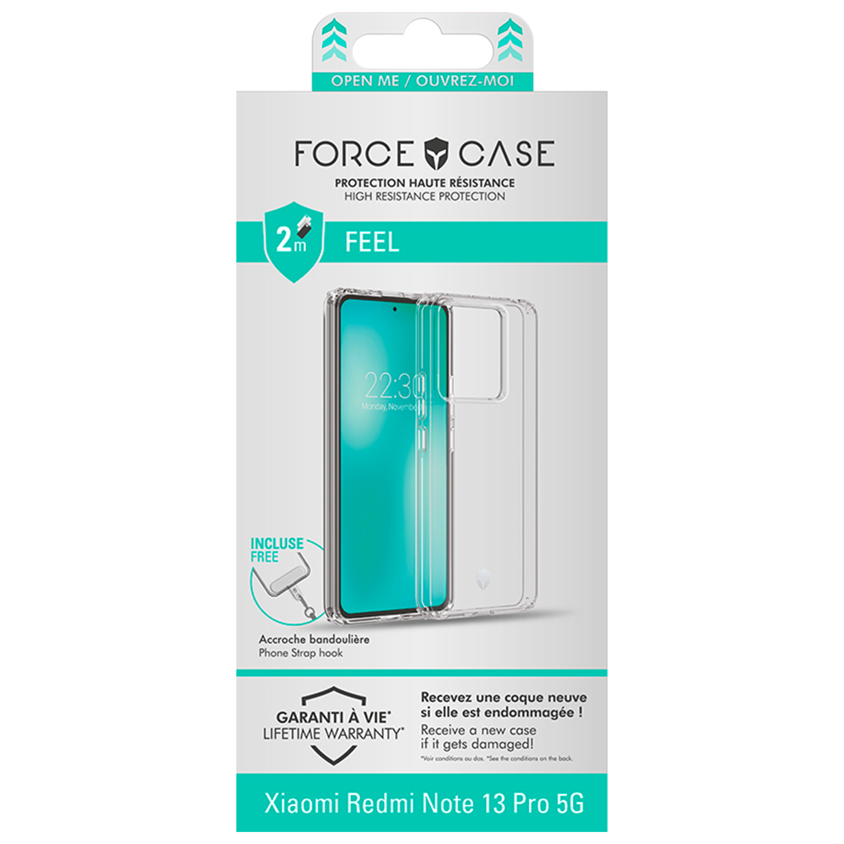 Una confezione di custodia per telefono con il telefono all'interno, la confezione è bianca e verde acqua, con testo e garanzia.