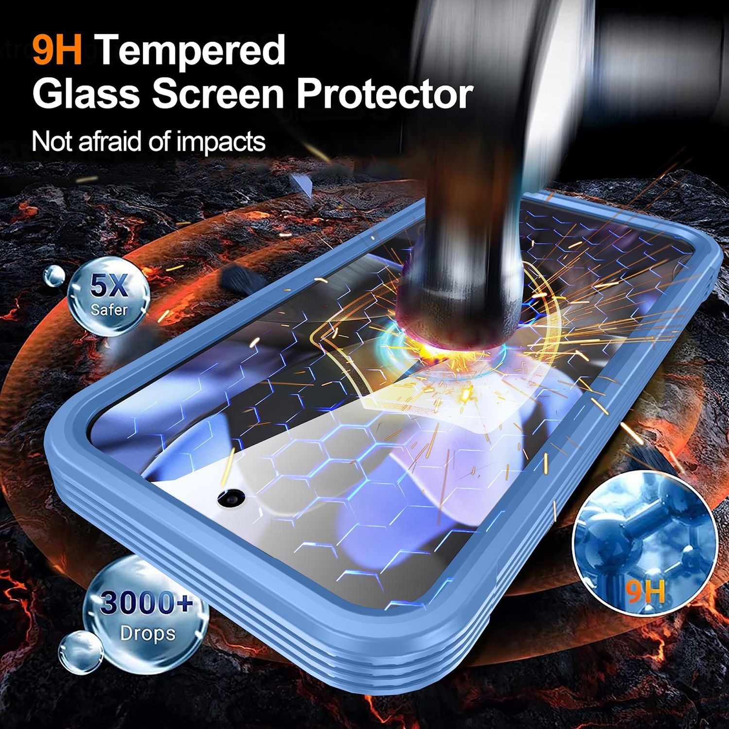 Ein Displayschutz für ein Telefon wird mit einem Hammer geschlagen. Er ist blau und trägt Text, der gehärtetes Glas und Fallschutz angibt.