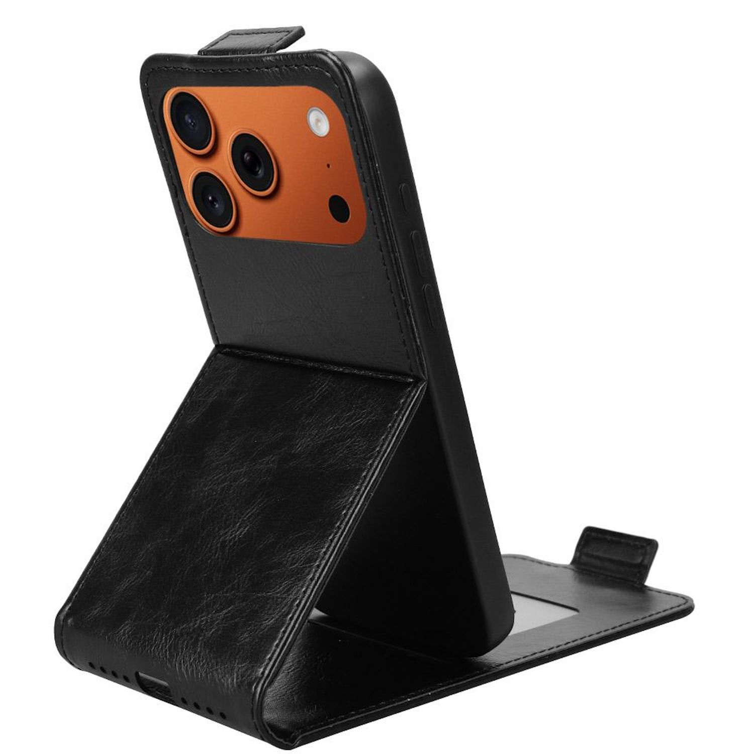 Schwarze Handyhülle mit Handy, das einen orangefarbenen Rücken hat. Die Hülle ist offen und zeigt das Innere.