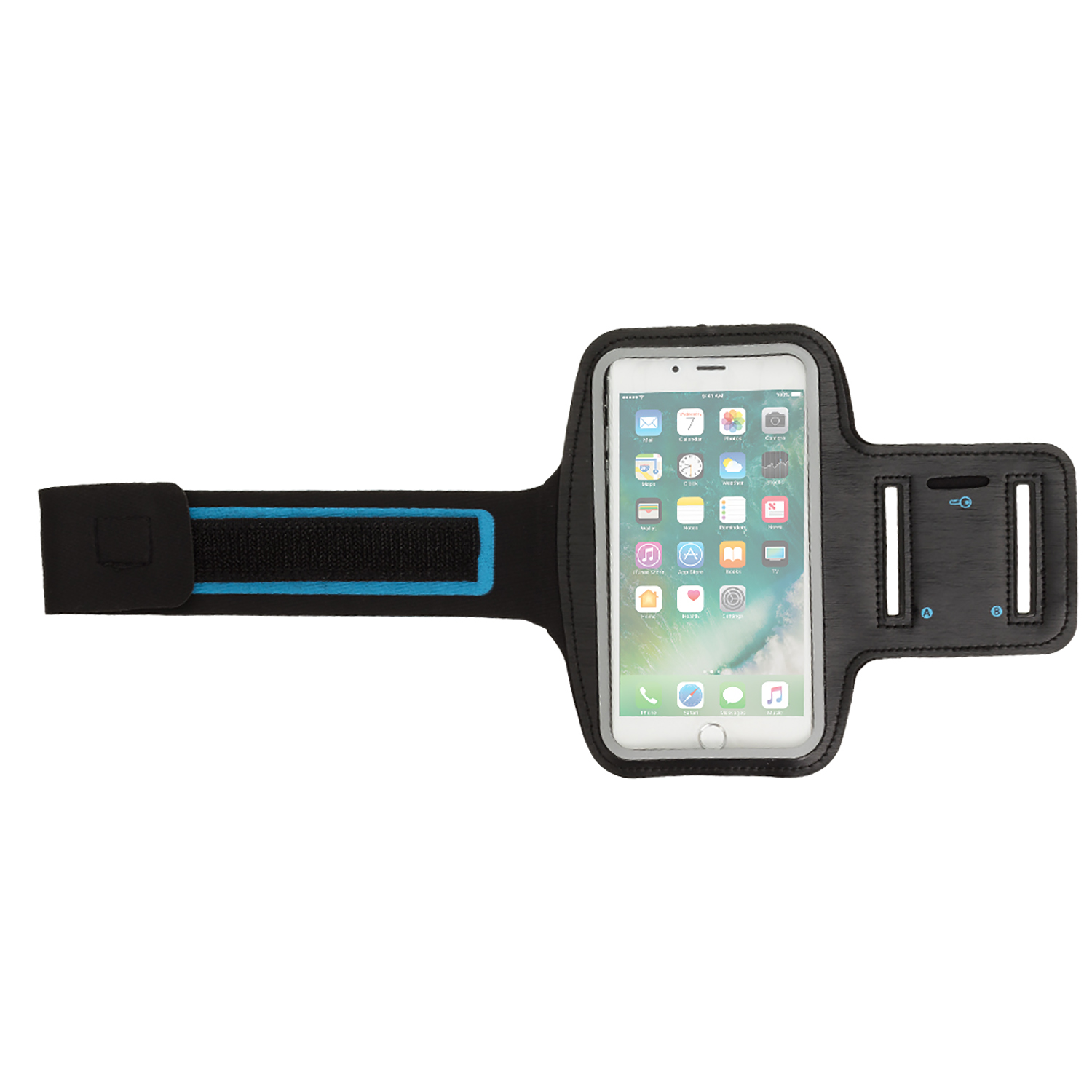 Fascia da braccio nera e blu che tiene uno smartphone. Il telefono mostra le icone delle app. La fascia ha una chiusura in velcro ed è progettata per la corsa.