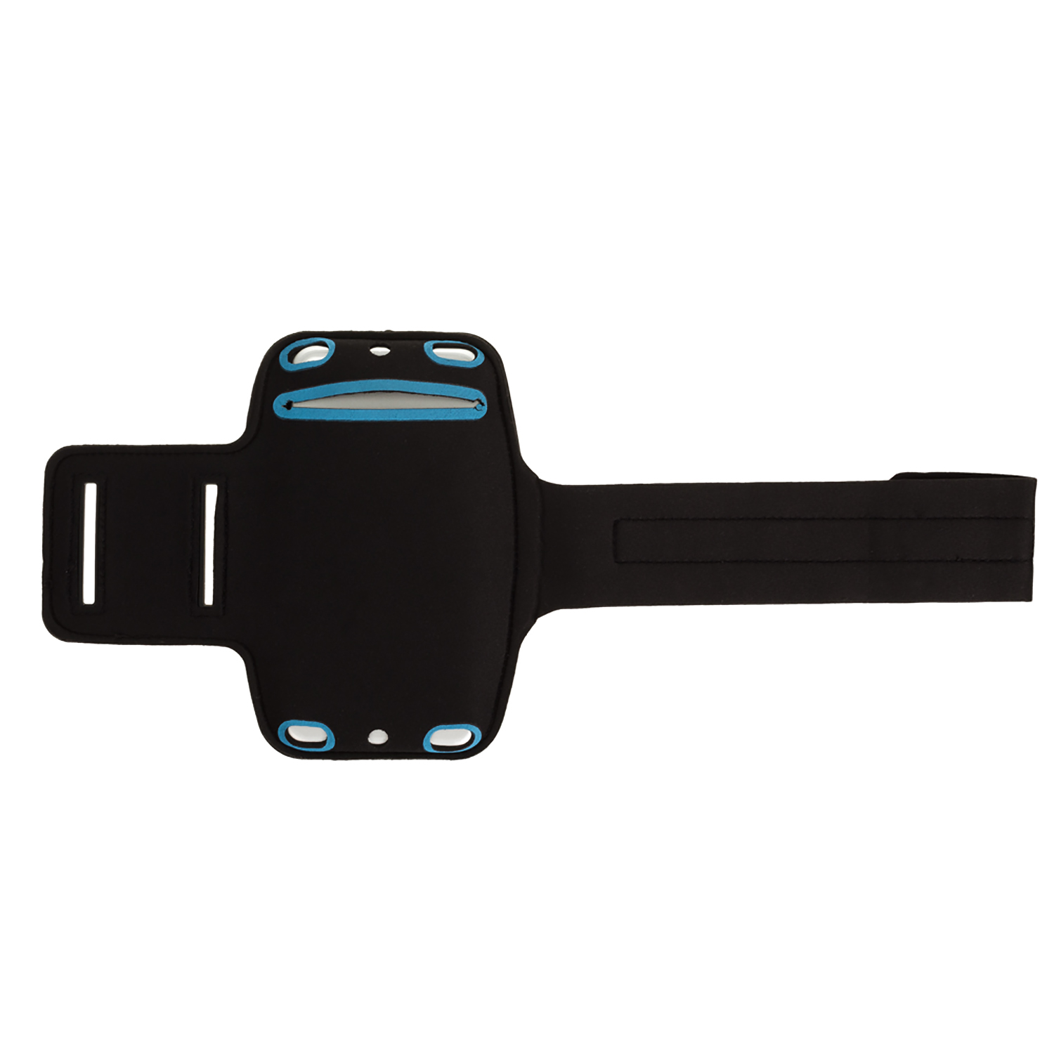 Fascetta nera per telefono, con dettagli blu sui bordi. Ha un cinturino in velcro per fissarla al braccio.