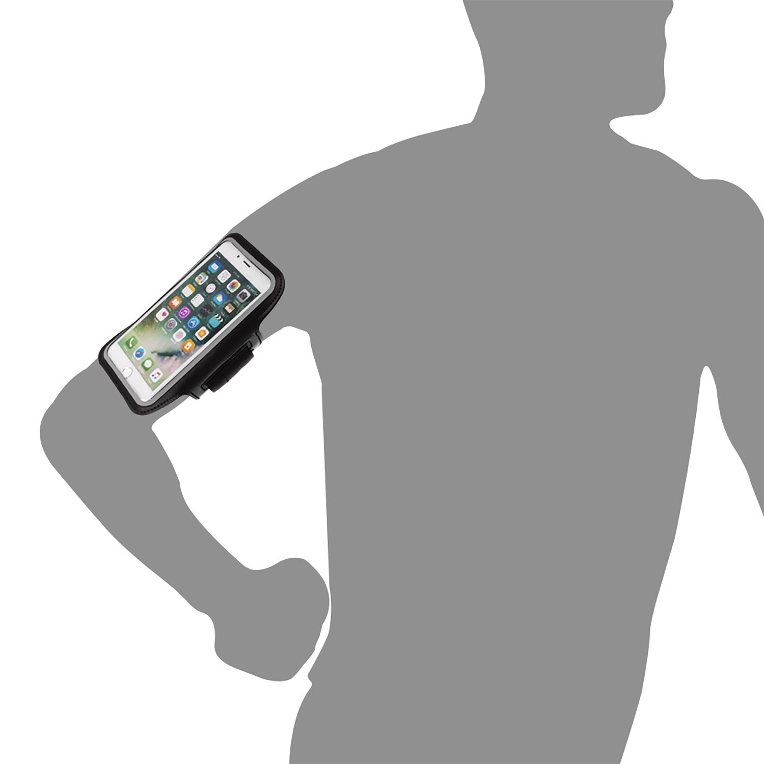 Una persona in silhouette con un telefono in una fascia da braccio. Lo schermo del telefono mostra le icone delle app. La persona sta correndo.