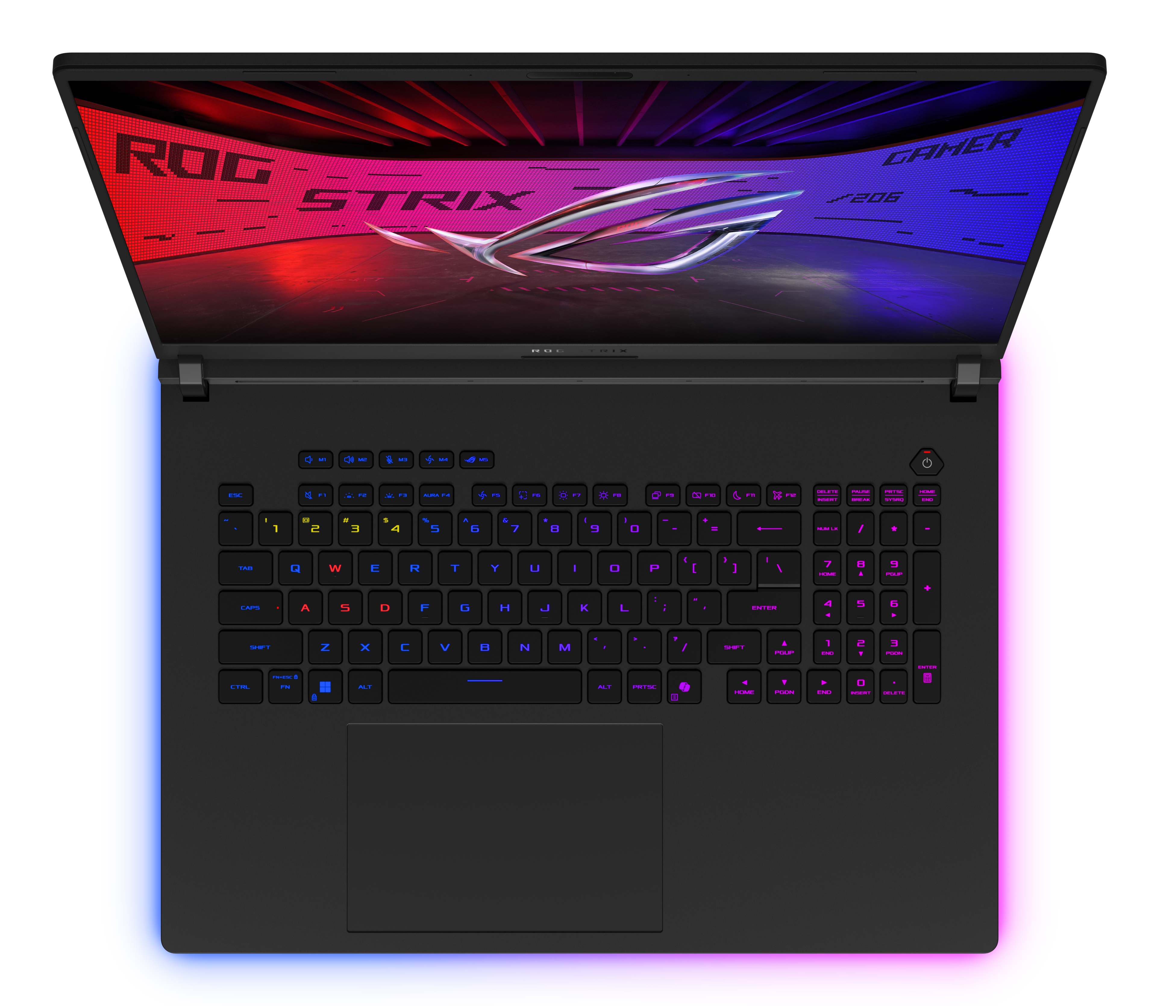 Otwarty czarny laptop z podświetlaną klawiaturą. Ekran z logo ROG Strix. Kolorowe tło.