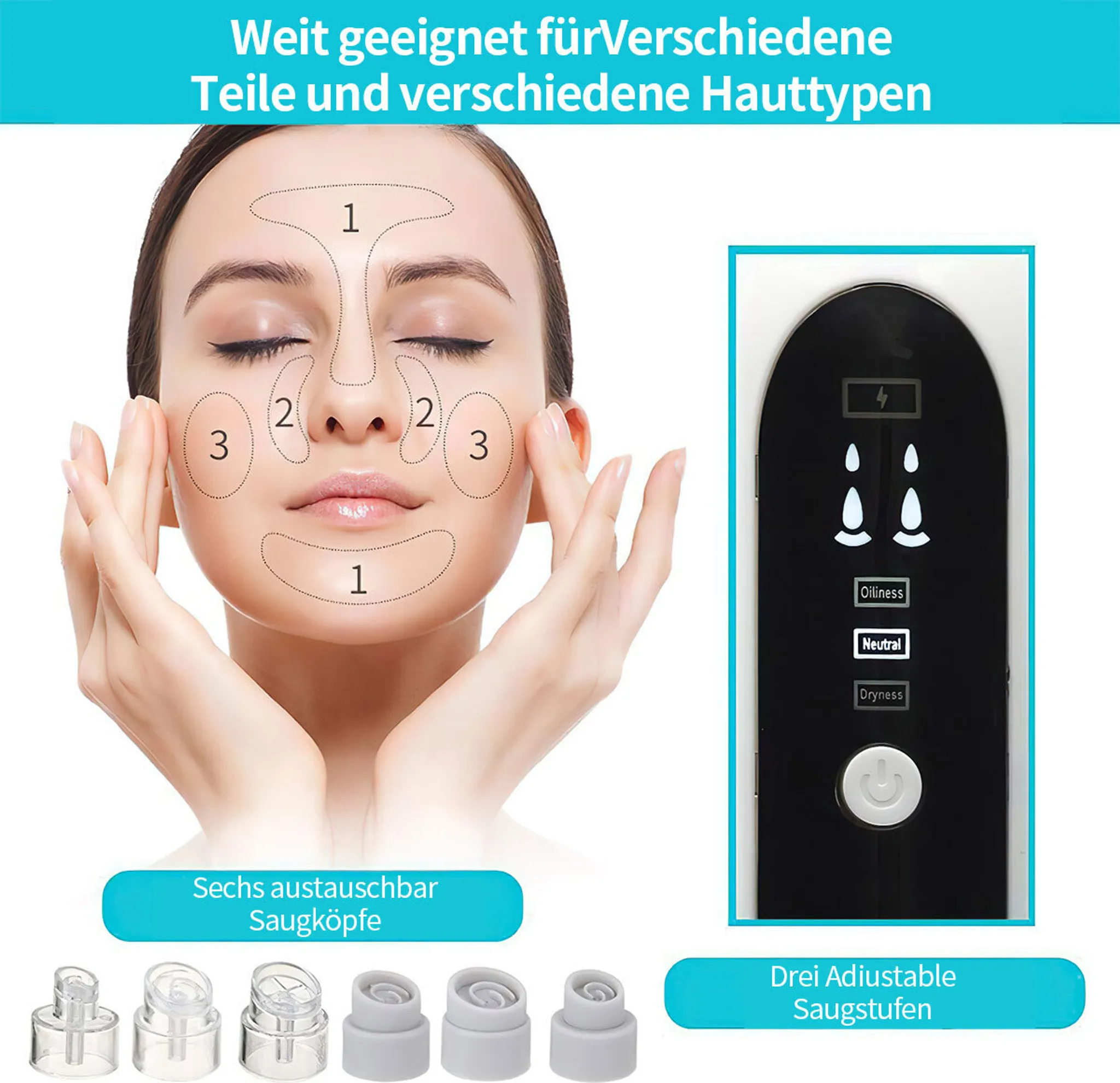 Das Bild zeigt ein Frauenantlitz mit markierten Bereichen. Daneben ein schwarzes Gerät und Vakuumköpfe. Text auf Deutsch.