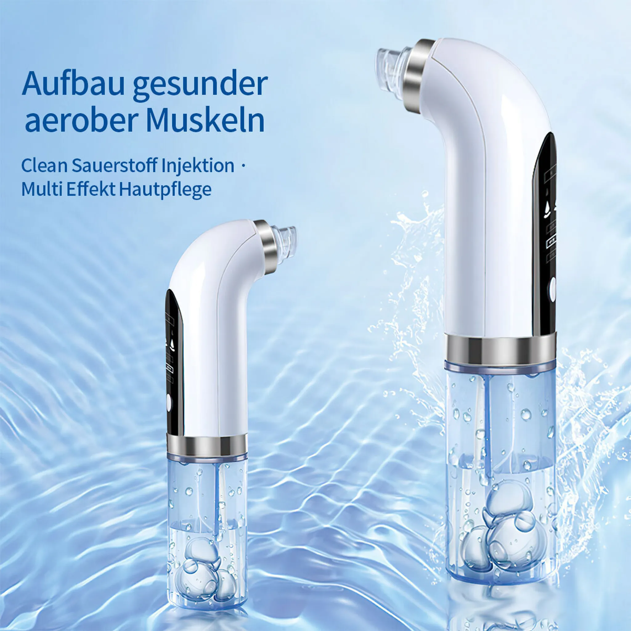 Zwei weiße Hautpflegegeräte mit transparenten Wasserbehältern auf blauem Hintergrund. Text auf Deutsch oben.