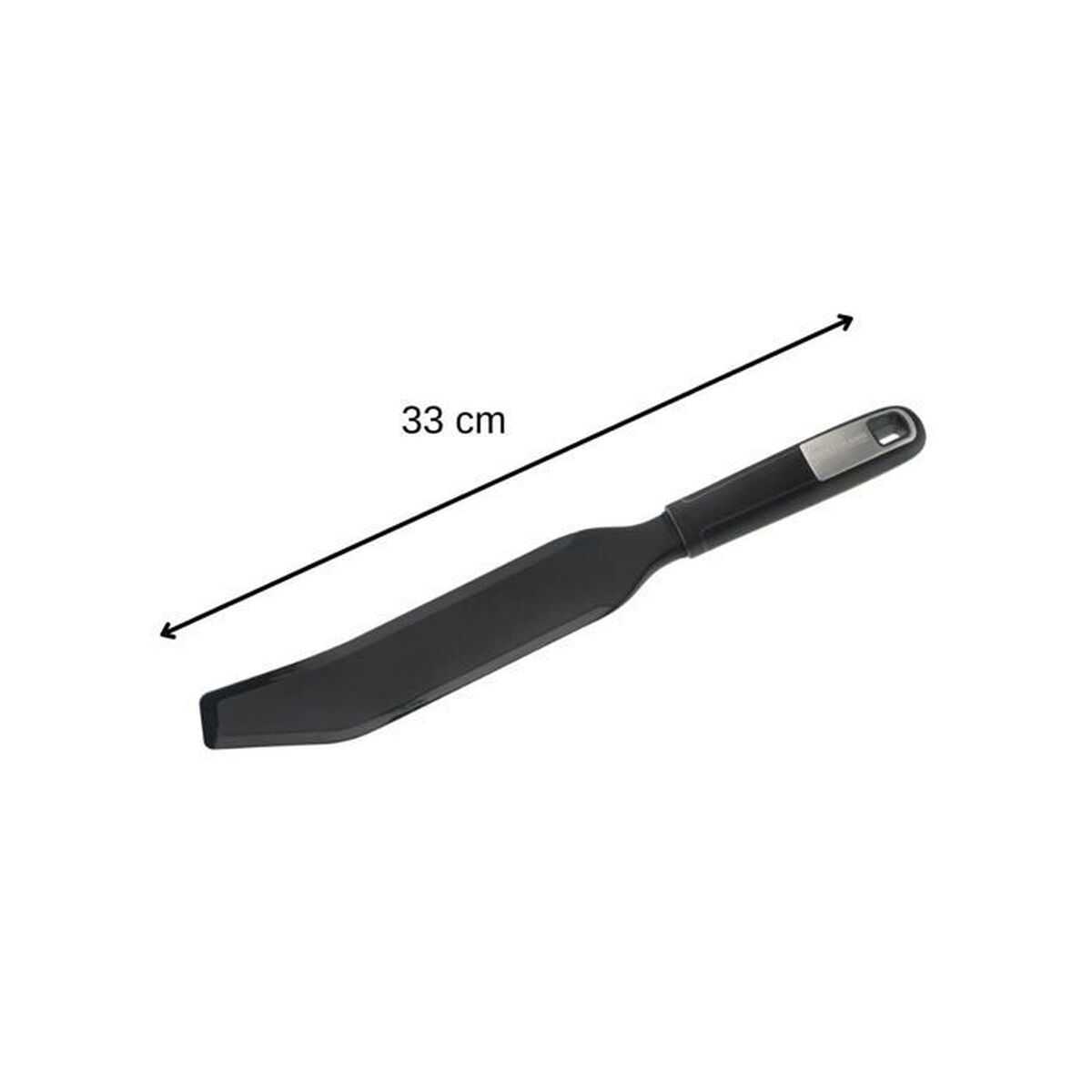 Ein schwarzes, spatelartiges Küchenwerkzeug, ca. 33 cm lang, vor weißem Hintergrund.