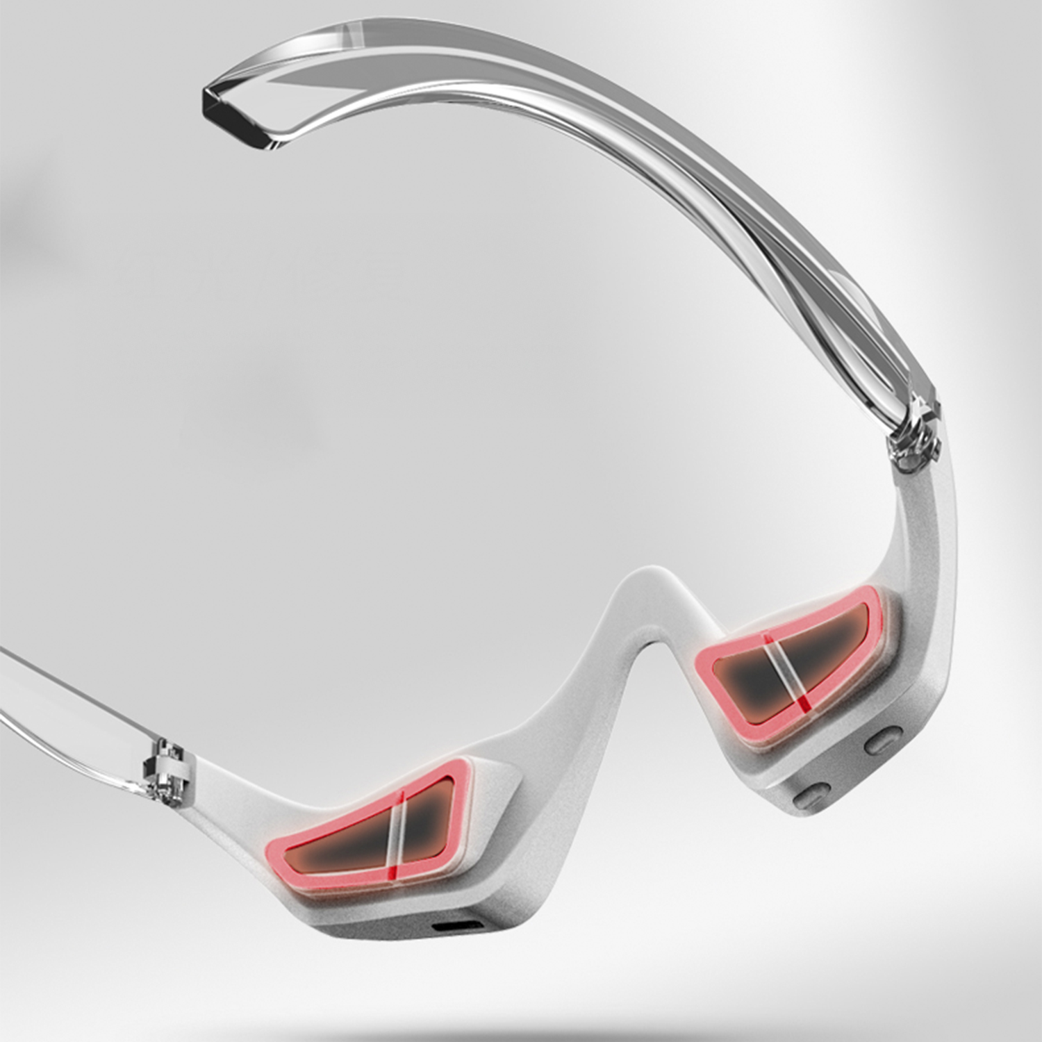 Un'auricolare bianca e futuristica con aste curve trasparenti e due oculari bordati di rosso. Ha un design elegante e moderno.