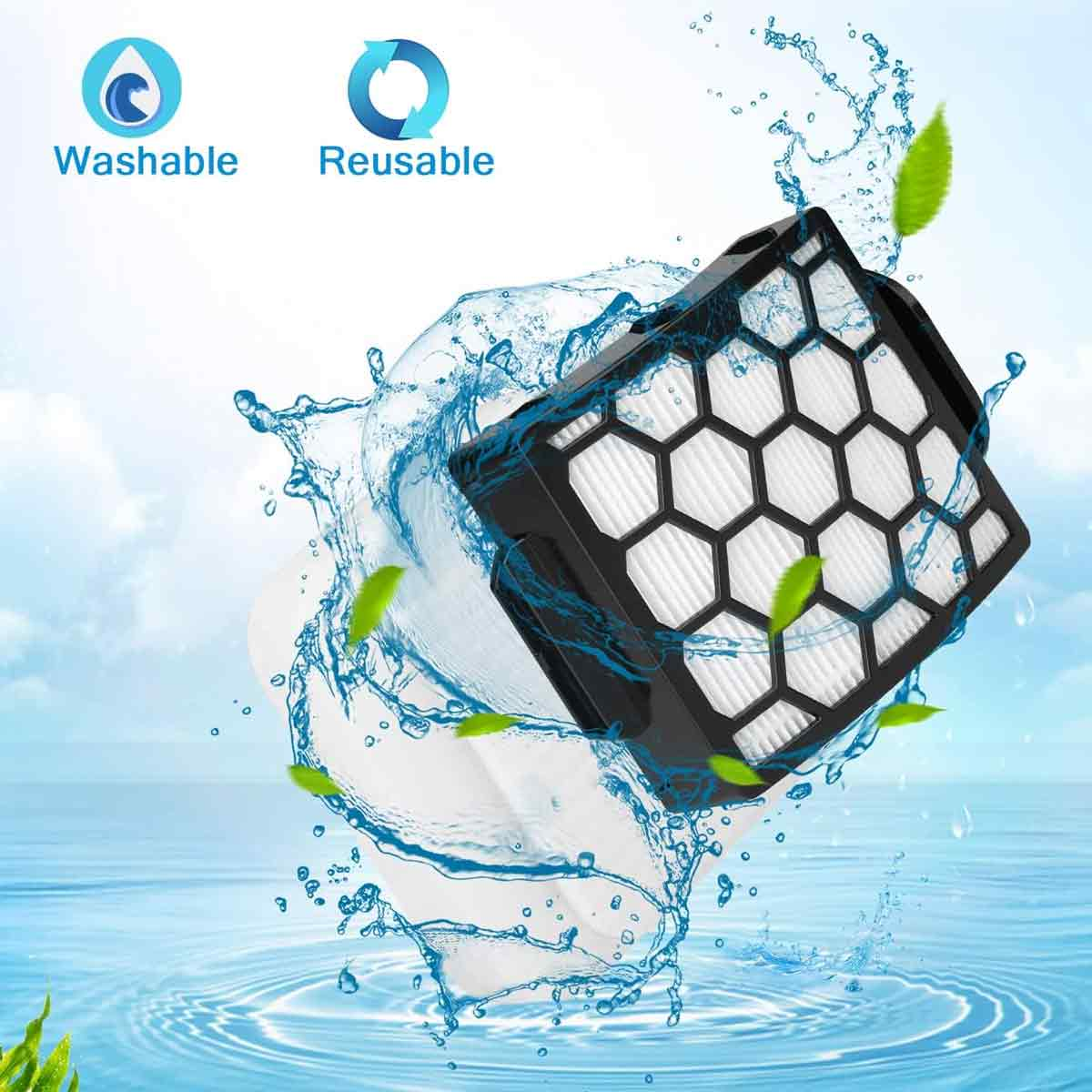 Schwarzer Filter mit Wabenmuster, Wasserspritzer. Waschbare und wiederverwendbare Symbole mit Wasserhintergrund und grünen Blättern.