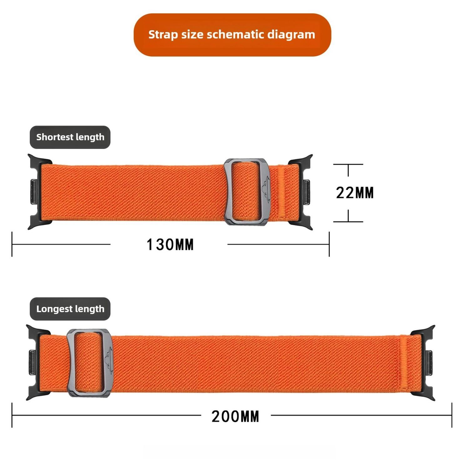 Il diagramma mostra le dimensioni del cinturino arancione. La lunghezza più corta è 130 mm, la più lunga è 200 mm. La larghezza è 22 mm. Il testo dice 'Strap size schematic diagram'.