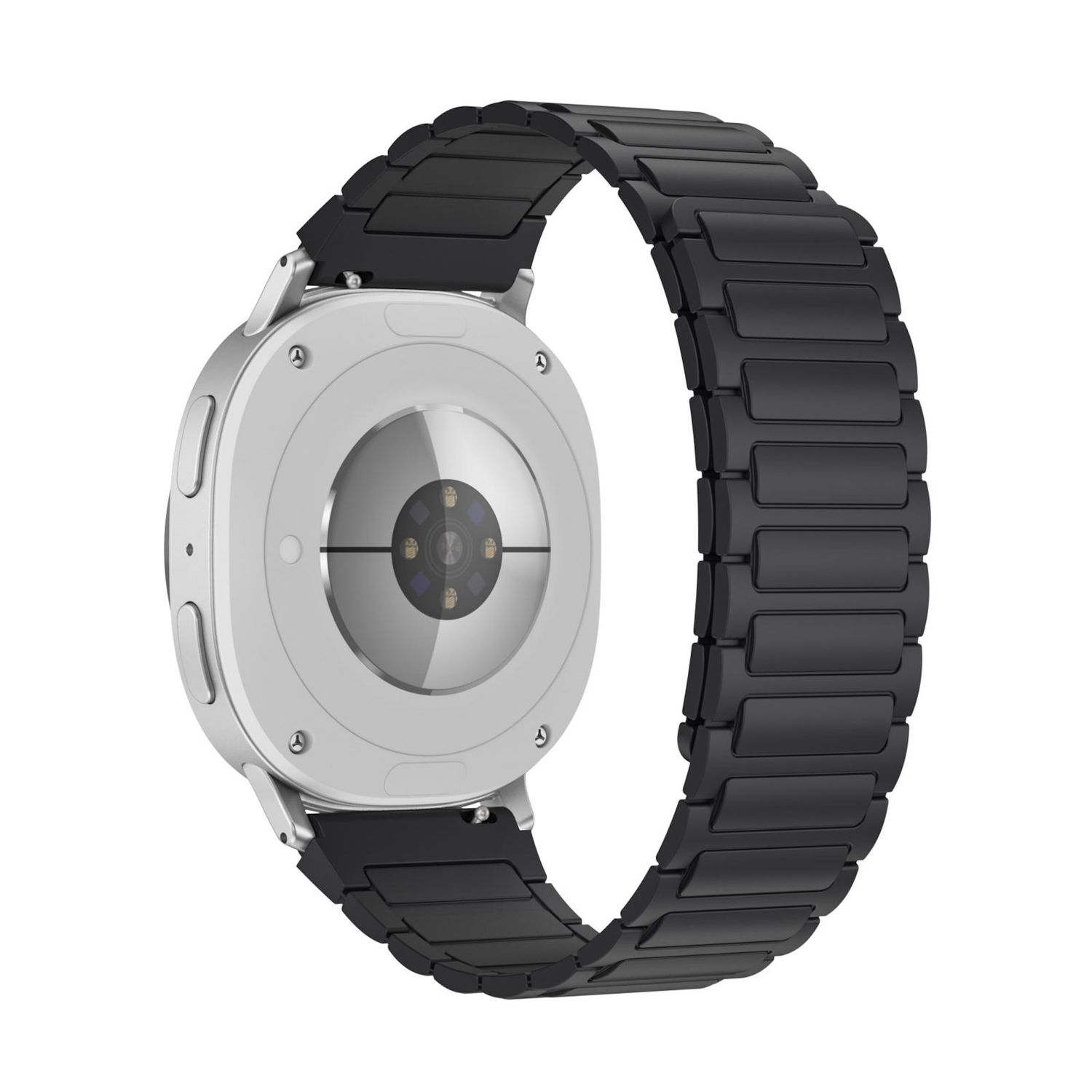 Eine silberne Smartwatch mit einem schwarzen Metallarmband wird gezeigt. Die Rückseite der Uhr mit Sensoren ist sichtbar. Das Band ist gebogen.