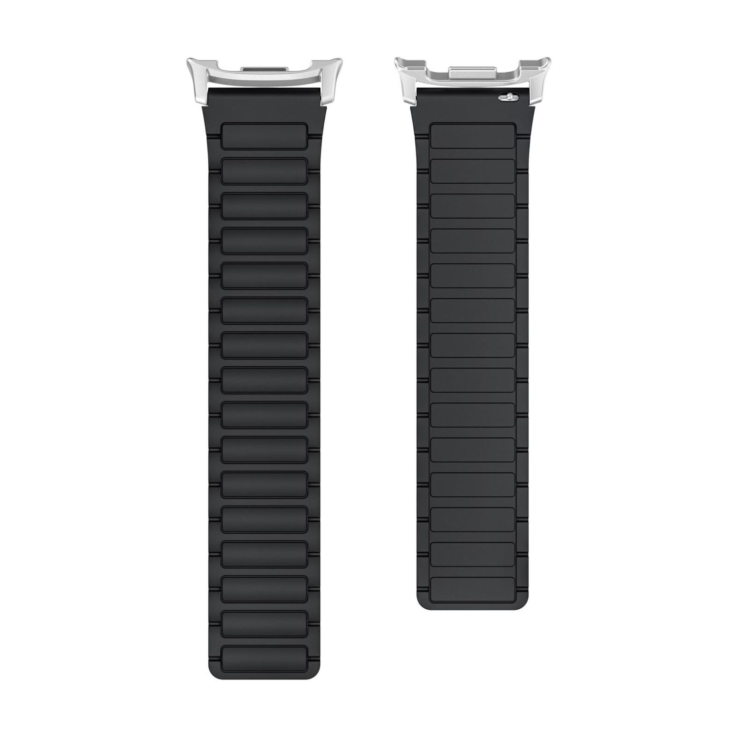 Zwei schwarze Uhrenarmbänder, verbunden durch silberne Verschlüsse, liegen auf weißem Grund. Jedes Band hat ein rechteckiges Muster.