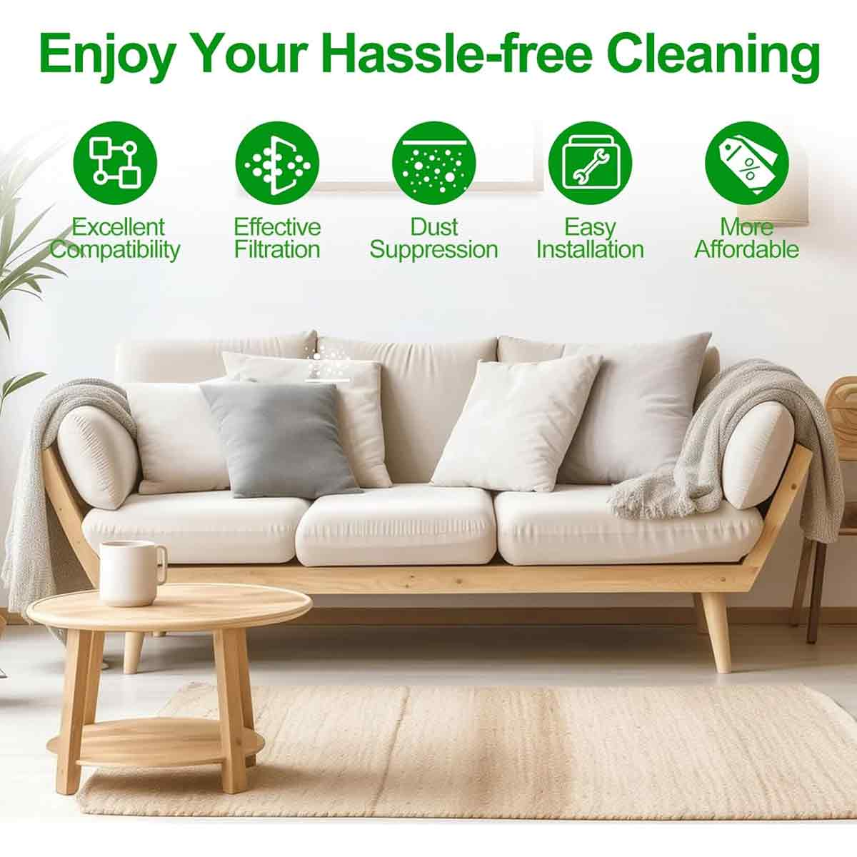Beiges Sofa mit Kissen, runder Holztisch mit Tasse und Teppich. Symbole oben listen Funktionen.