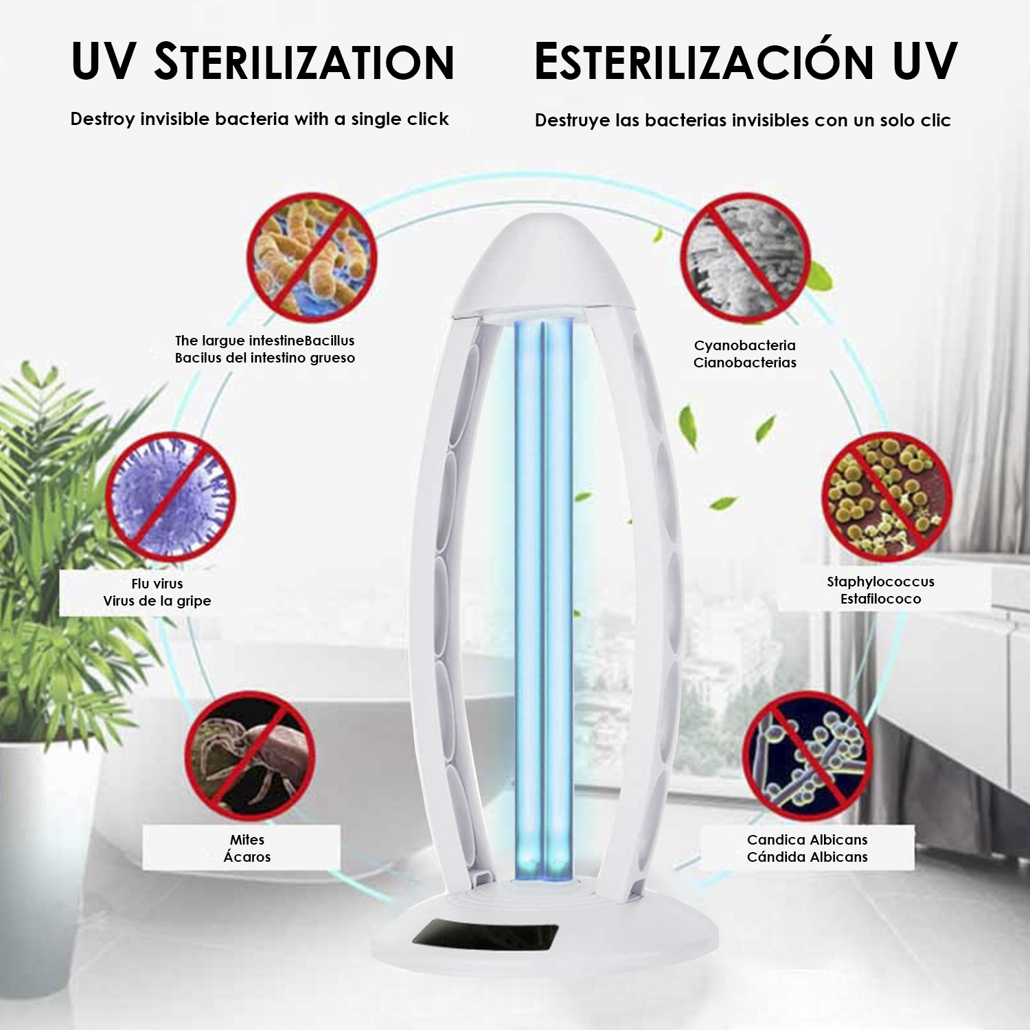 Ein weißer UV-Sterilisator mit blauen Lichtern. Er ist von Bildern von Bakterien und Viren mit einem roten Verbotsschild umgeben.