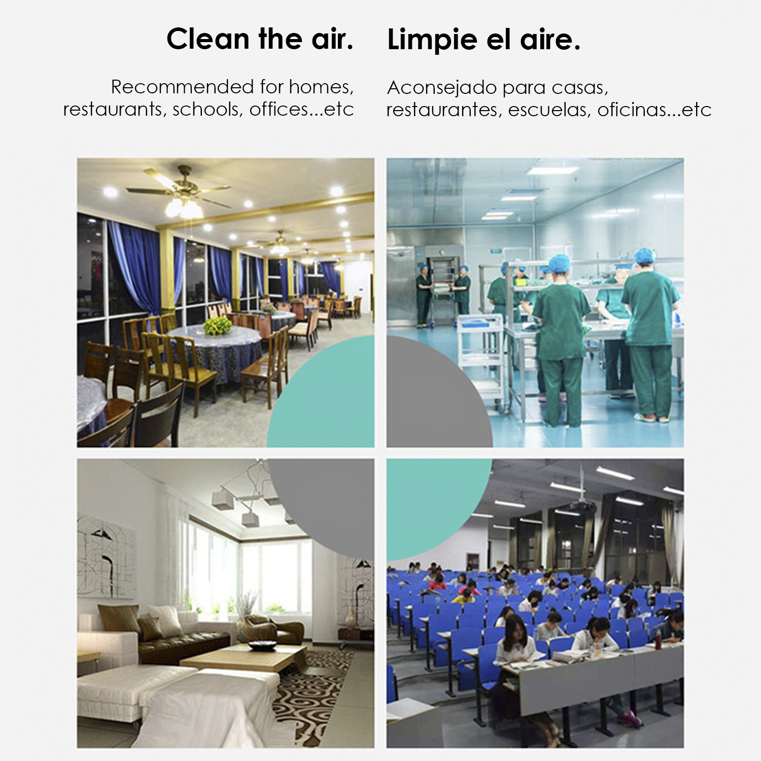 Vier Bilder: Restaurant, medizinisches Personal, Wohnzimmer und Studenten in einem Klassenzimmer. Text: Reinigen Sie die Luft.