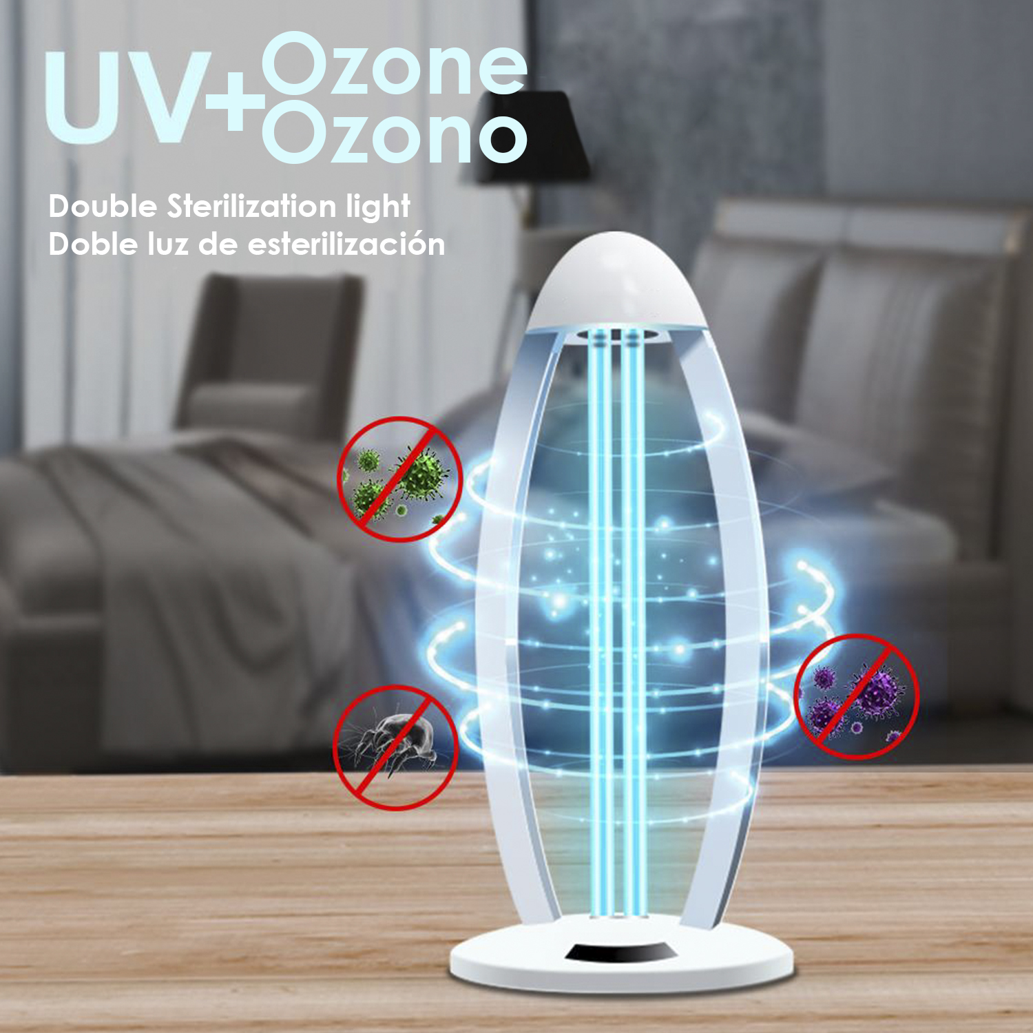 Ein weiß-blauer UV-Ozon-Sterilisator steht auf einer Holzoberfläche. Im Hintergrund ist ein Schlafzimmer. Kreise mit durchgestrichenen Keimen.