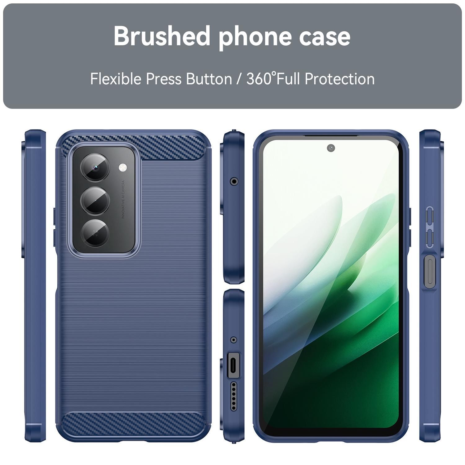 Una funda de teléfono azul oscuro. La funda tiene una textura cepillada y protege el teléfono, con cámara y botones visibles.