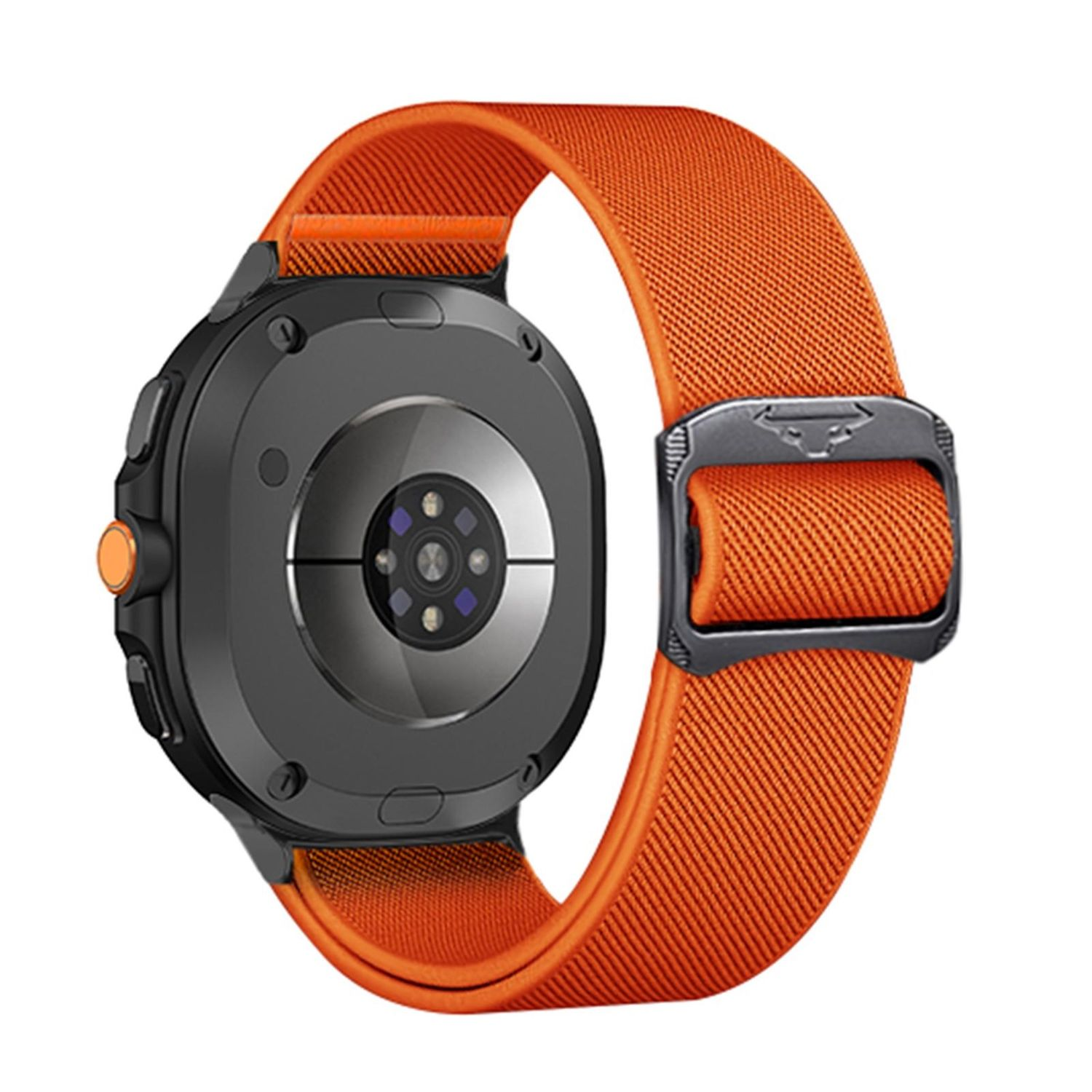 Eine Smartwatch mit orangefarbenem Stoffarmband. Die Uhr ist schwarz, hat ein rundes Zifferblatt und das Armband eine schwarze Schnalle.