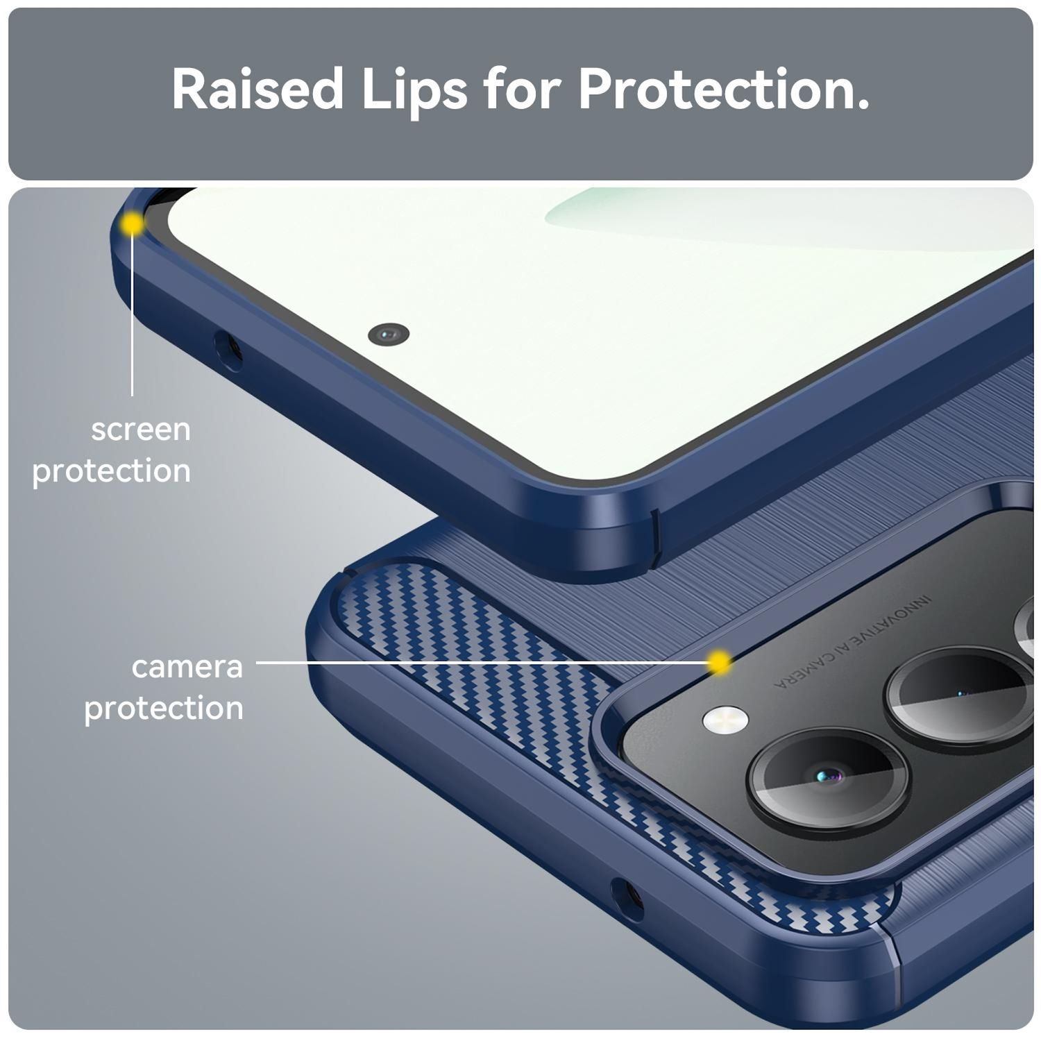 Primer plano de una funda azul para teléfono con bordes elevados para la protección de la pantalla y la cámara. La funda tiene un diseño trasero texturizado.