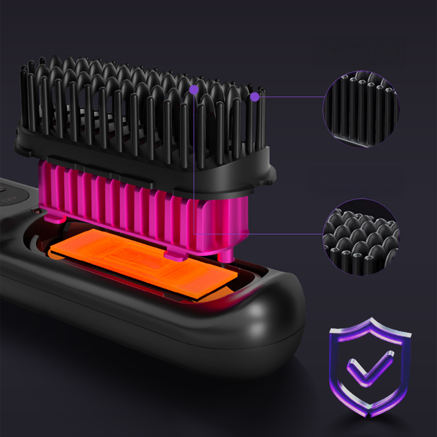 Spazzola lisciante per capelli, manico nero, pettine rosa e nero. Primo piano, dettagli viola. Logo di sicurezza in basso a destra.