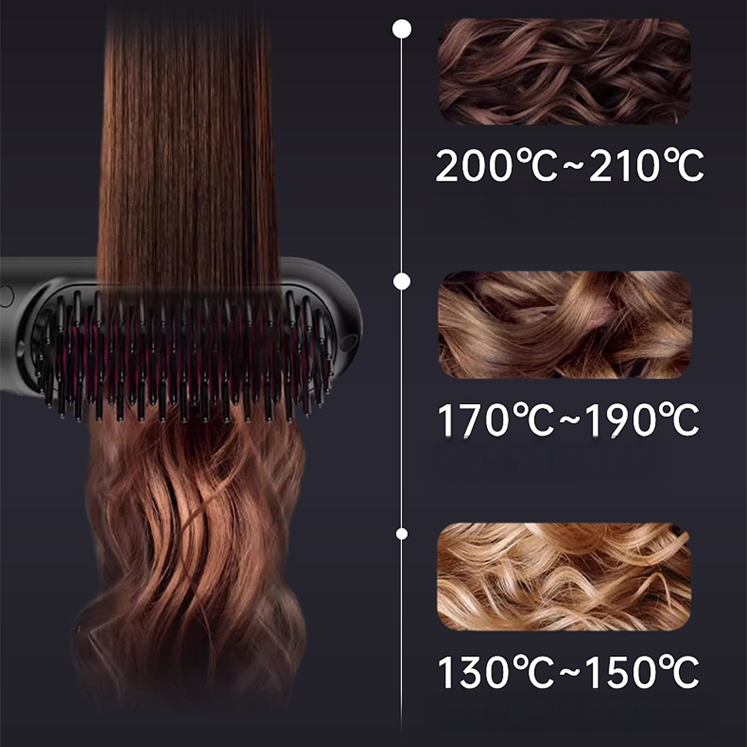Una piastra per capelli in uso. I capelli vengono lisciati, con testo che mostra le impostazioni della temperatura e gli esempi di riccioli risultanti.
