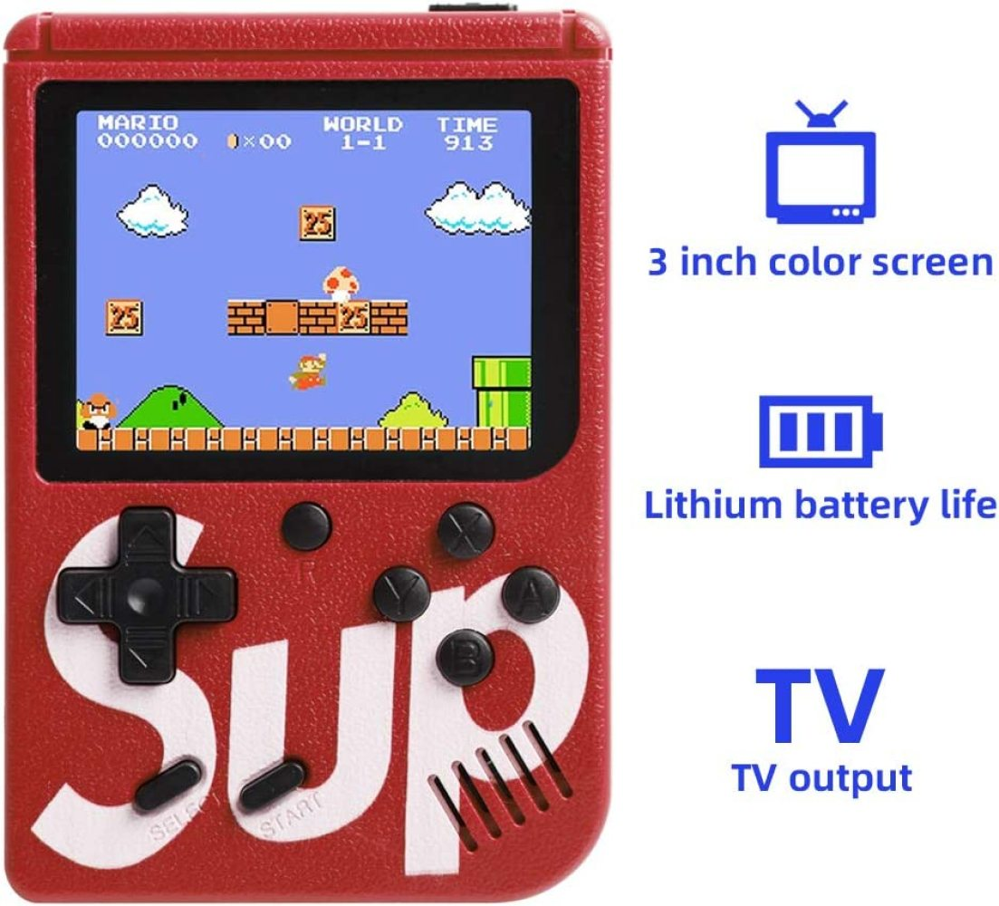 Rote Handheld-Konsole, die ein Super Mario Bros. Level zeigt. Sie hat Knöpfe und ein SUP-Logo. Merkmale: 3-Zoll-Farbbildschirm, TV-Ausgang.