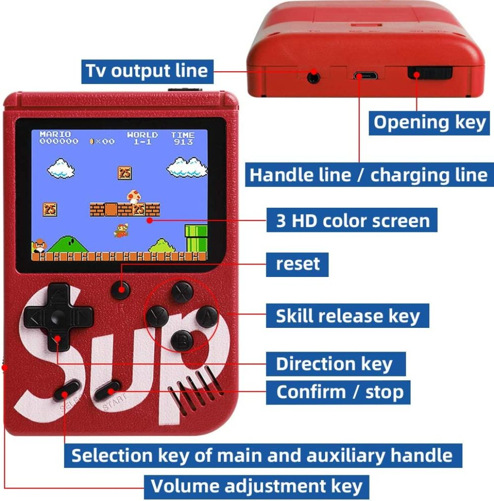 Rote Handheld-Spielkonsole mit Spielanzeige. Zu den Merkmalen gehören Tasten, Bildschirm und Mario-Spiel. Der obere Bereich zeigt Anschlüsse und Ein/Aus-Taste.
