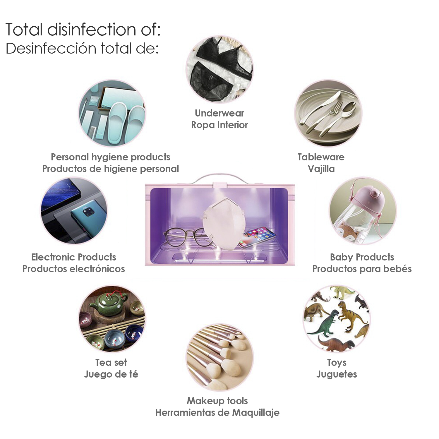 L'immagine mostra oggetti da disinfettare: biancheria intima, stoviglie, prodotti per bambini, prodotti elettronici, set da tè, strumenti per il trucco e giocattoli.