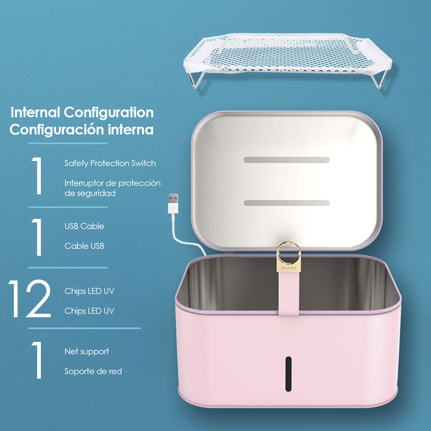 Sterilizzatore UV rosa con coperchio aperto, cavo USB, supporto per rete e interruttore di sicurezza. Rete bianca sopra. Sfondo blu con testo.