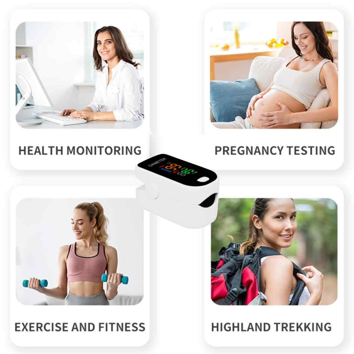 Das Bild zeigt vier Lifestyle-Szenarien: Gesundheitsüberwachung, Schwangerschaftstest, Bewegung und Bergwandern, zusammen mit einem Oximeter.
