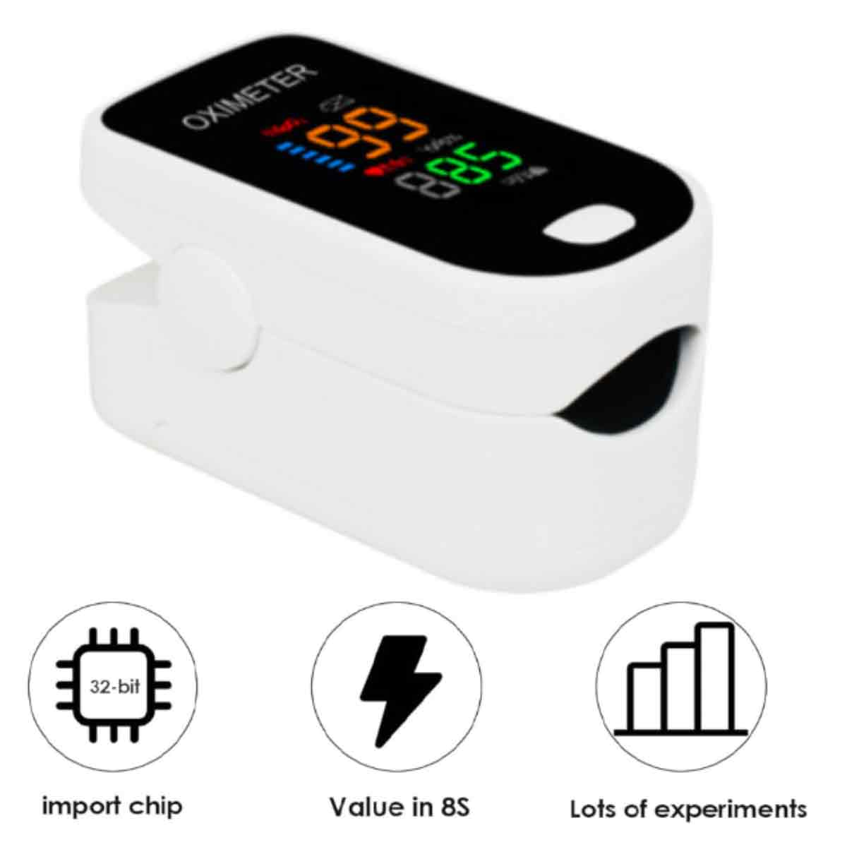 Ein weißes Oximeter zeigt Messwerte an. Darunter befinden sich Symbole: ein Chip, ein Blitz und ein Diagramm mit Textbezeichnungen.