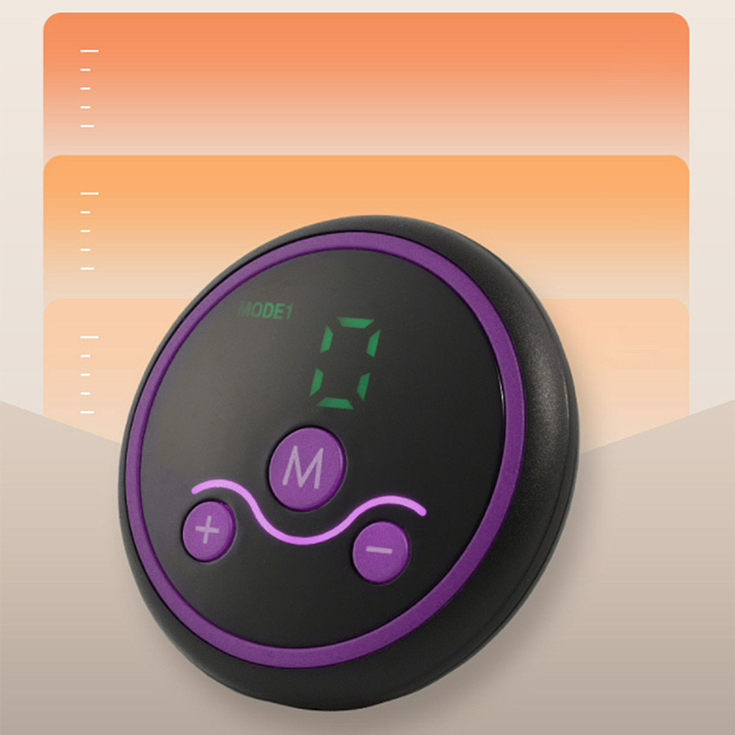 Un dispositivo negro con un anillo y botones morados. Tiene una pantalla digital que muestra '0'. Se ven botones de más y menos.