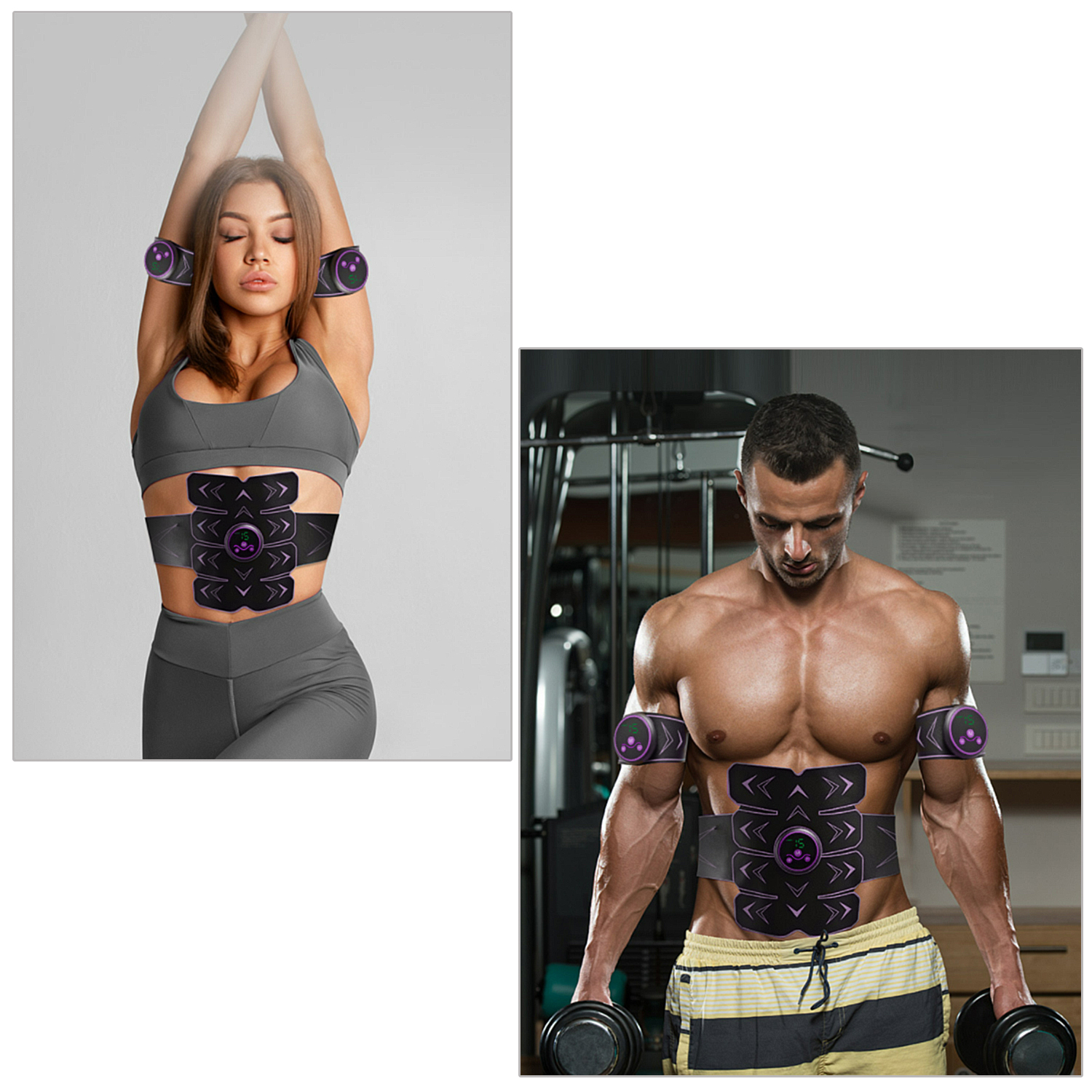 La imagen muestra a una mujer y a un hombre. Ambos llevan estimuladores musculares en su cuerpo. La mujer lleva un conjunto gris, el hombre está en un gimnasio.