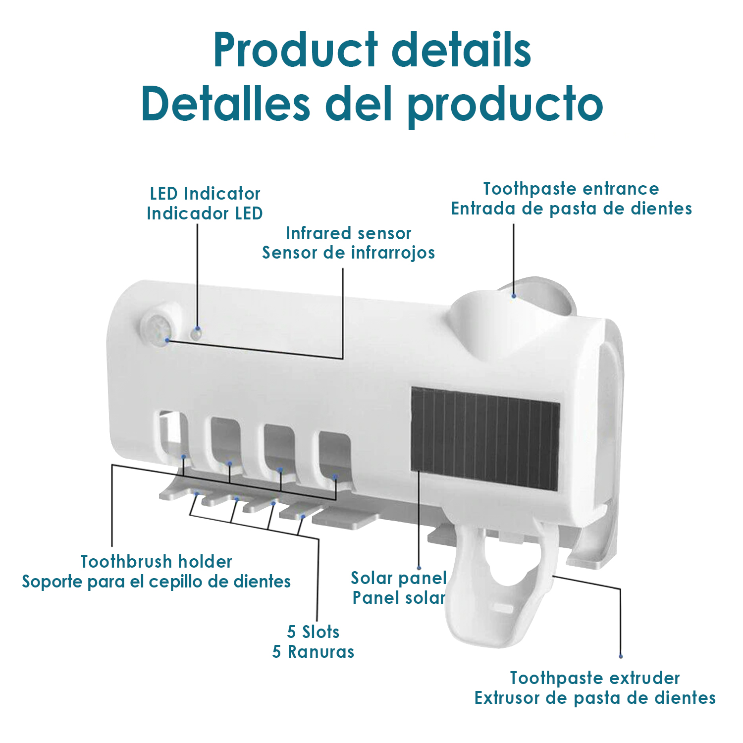 Un dispenser di dentifricio bianco con pannello solare, porta spazzolino ed etichette in inglese e spagnolo.