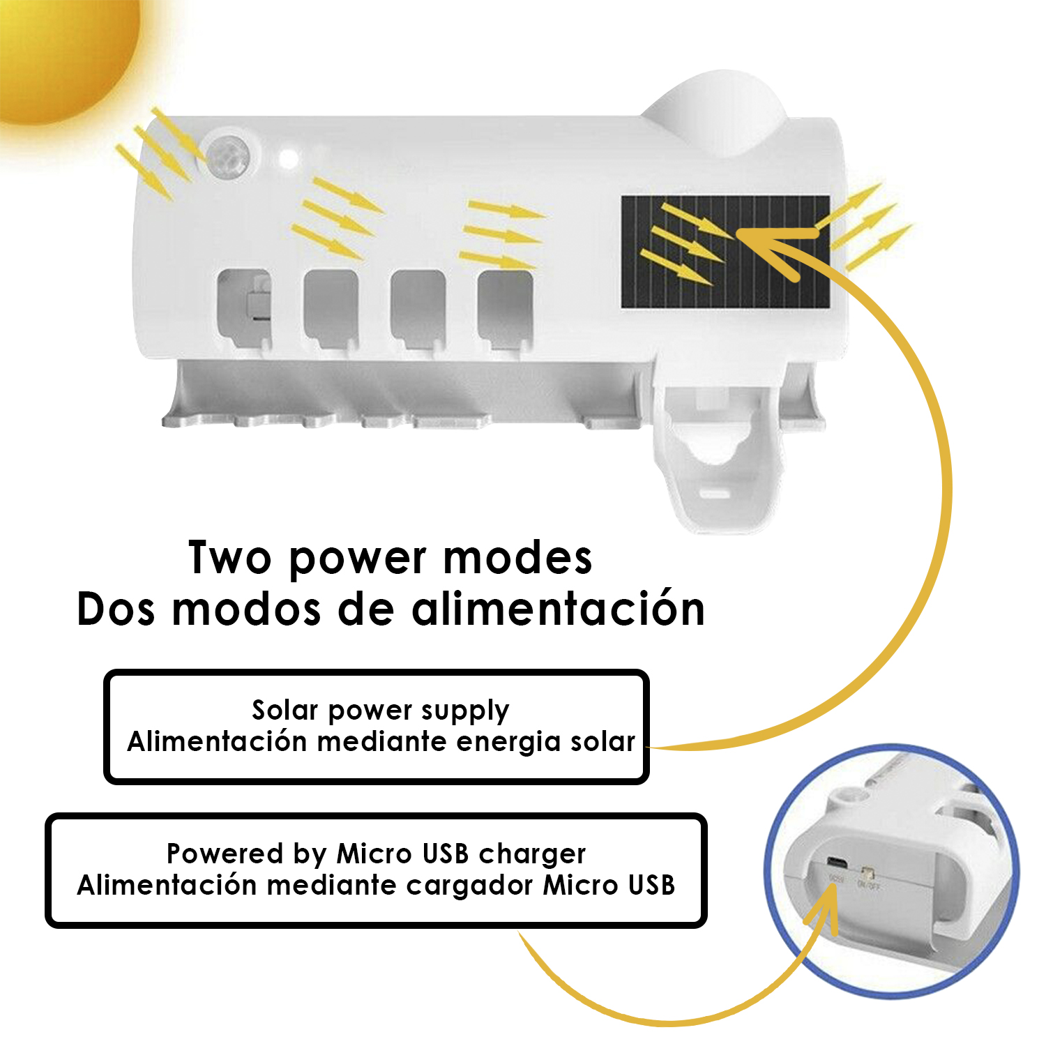 Un dispositivo bianco con pannello solare, il testo dice: Due modalità di alimentazione, Alimentazione solare, Caricatore Micro USB.