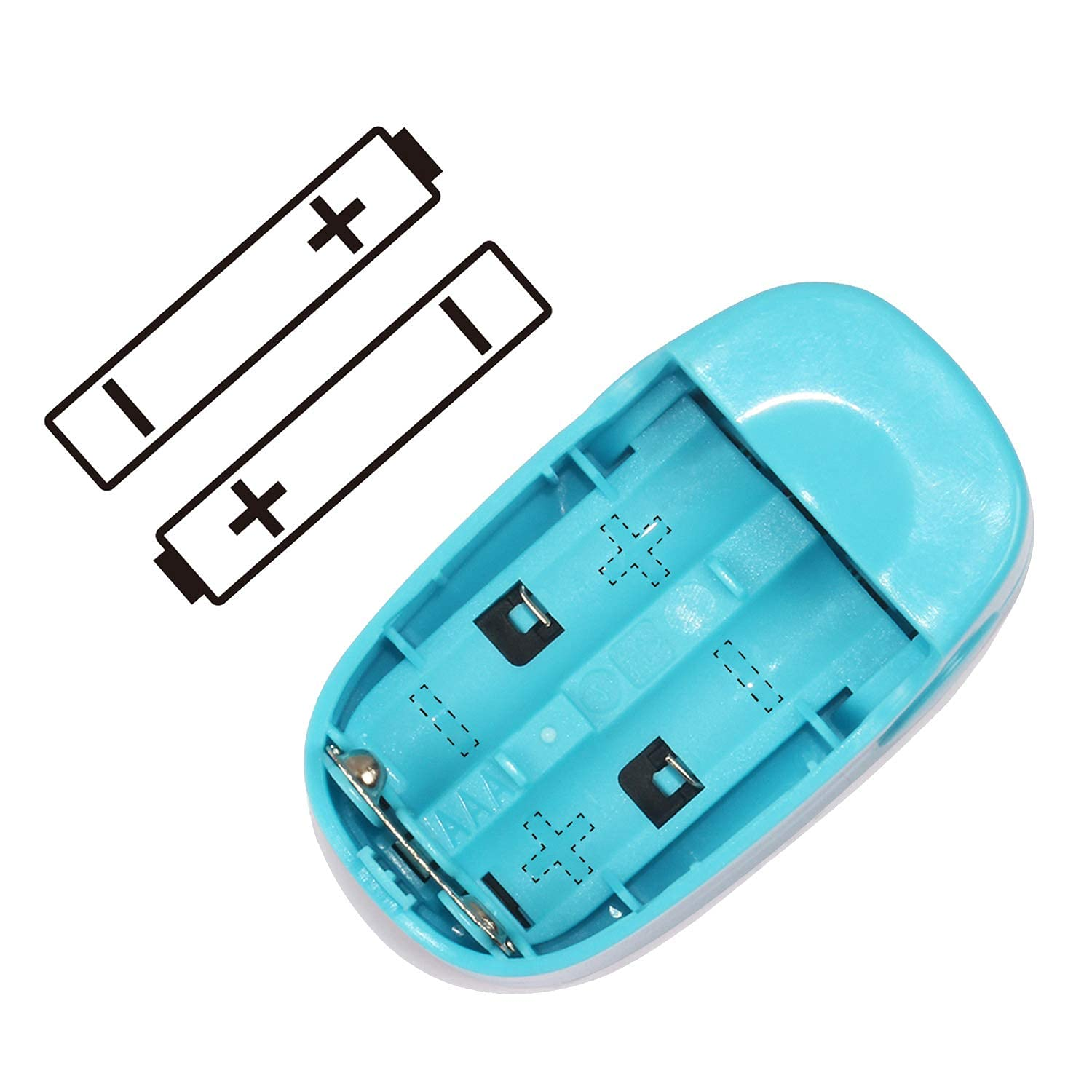 Ein blauer Batteriehalter mit zwei gezeichneten Batterieumrissen und einem Plus- und Minuszeichen. Der Halter ist leer.