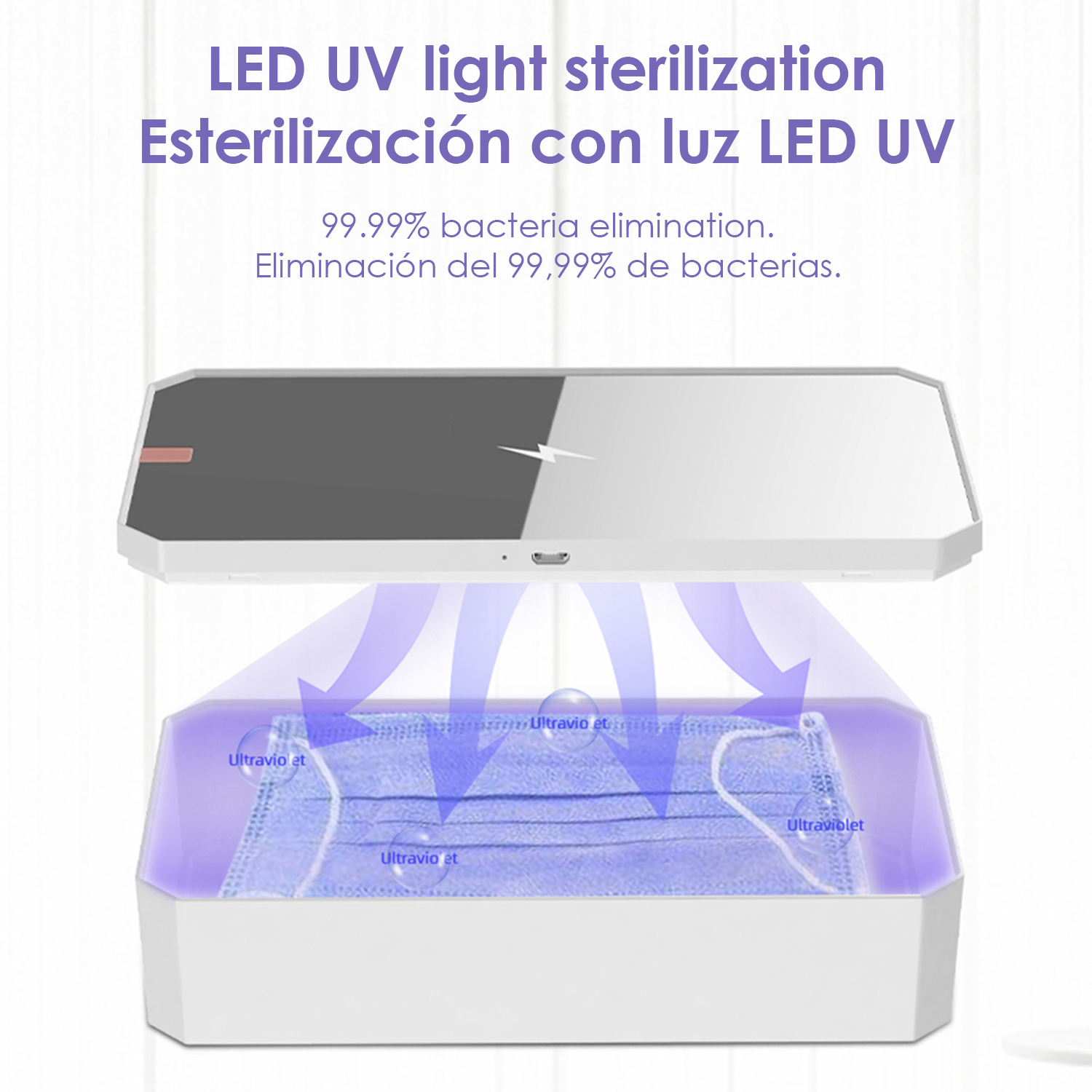 Sterilizzatore a luce UV con maschera all'interno. Le frecce indicano il processo di sterilizzazione. Testo in inglese e spagnolo.