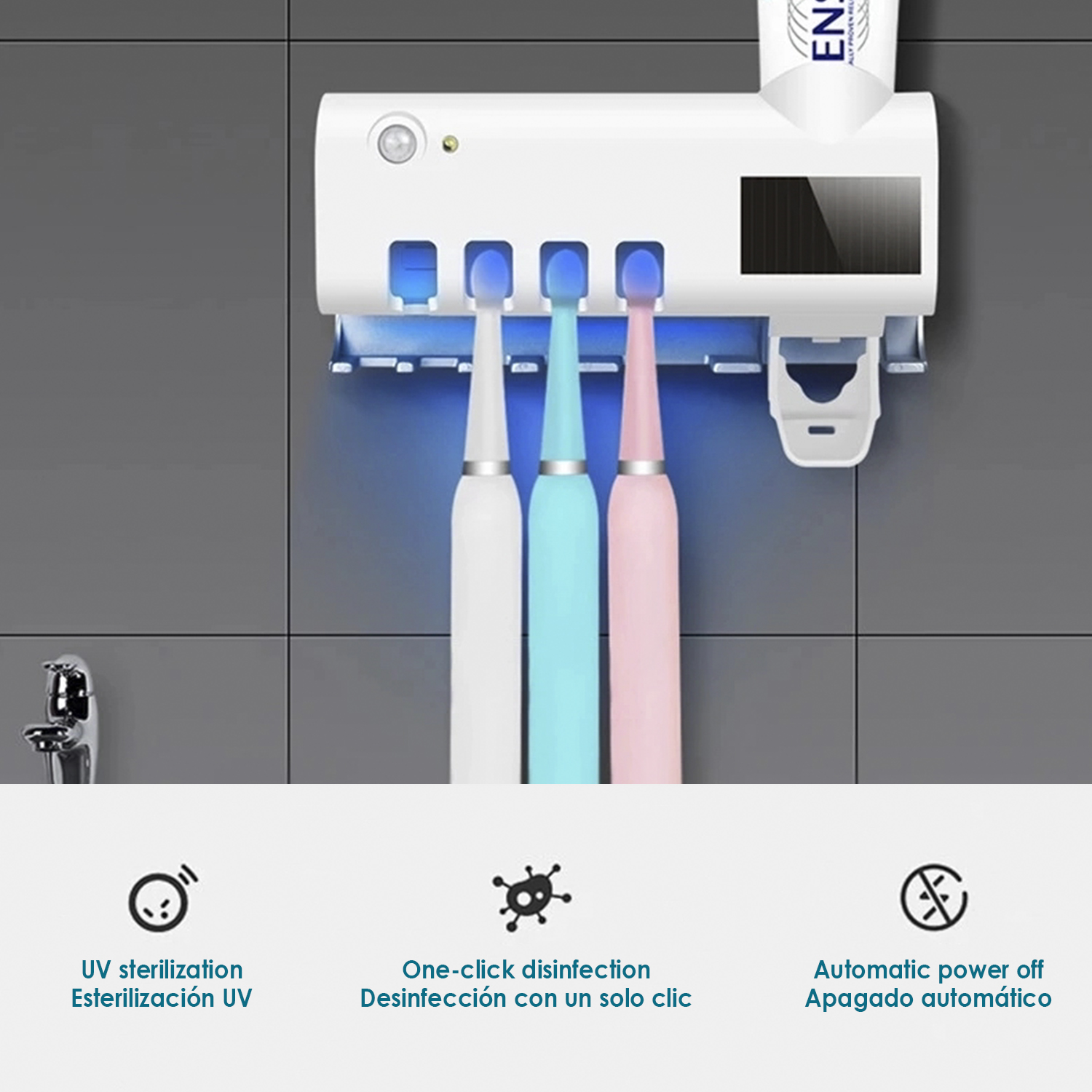 Uno sterilizzatore per spazzolini bianco con tre spazzolini, bianco, blu e rosa. Include sterilizzazione UV, disinfezione con un clic e spegnimento automatico.