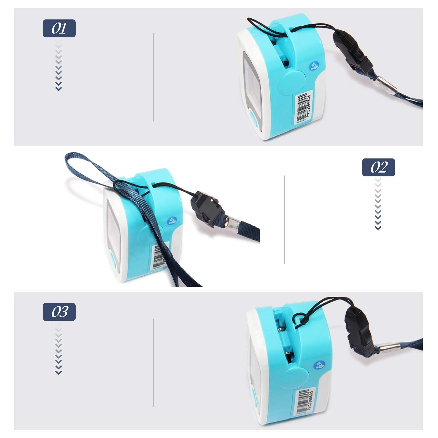 Nahaufnahme eines blau-weißen medizinischen Geräts mit Umhängeband. Das Gerät hat einen Bildschirm und einen Barcode-Aufkleber.