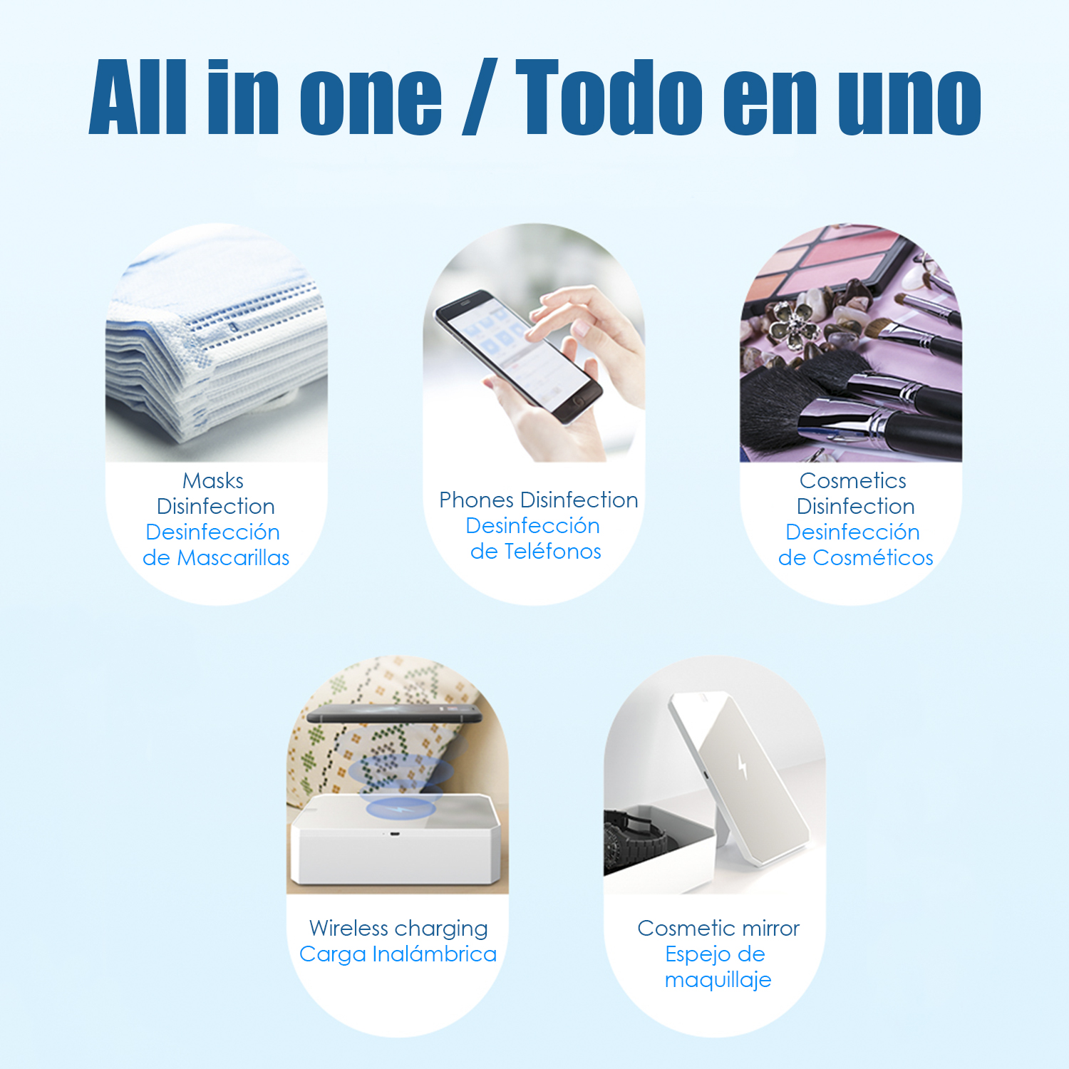 L'immagine mostra maschere, telefoni, cosmetici, un caricatore wireless e uno specchio cosmetico, con testo in inglese e spagnolo.