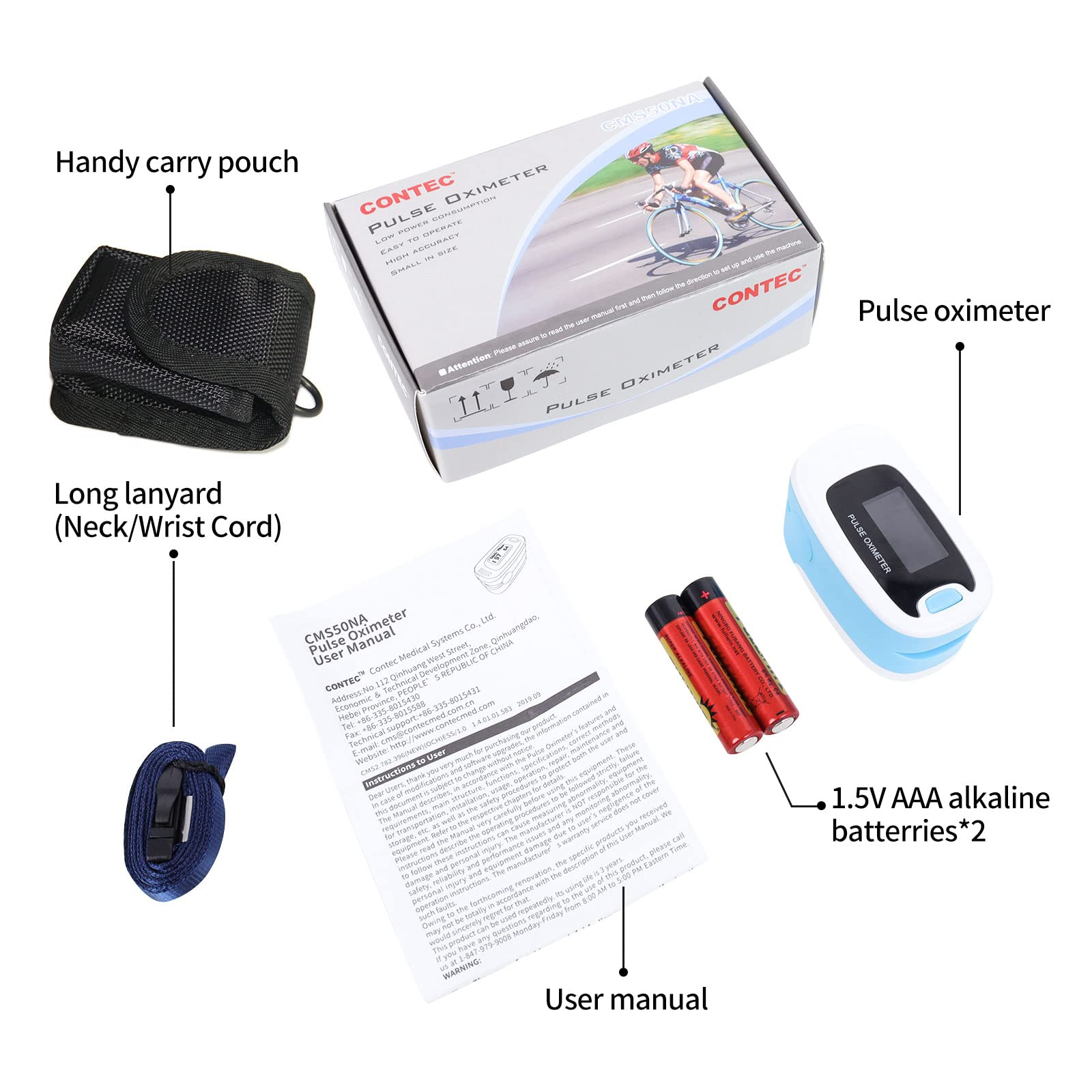 Das Bild zeigt ein Pulsoximeter-Set mit Beutel, Lanyard, Benutzerhandbuch und Batterien.