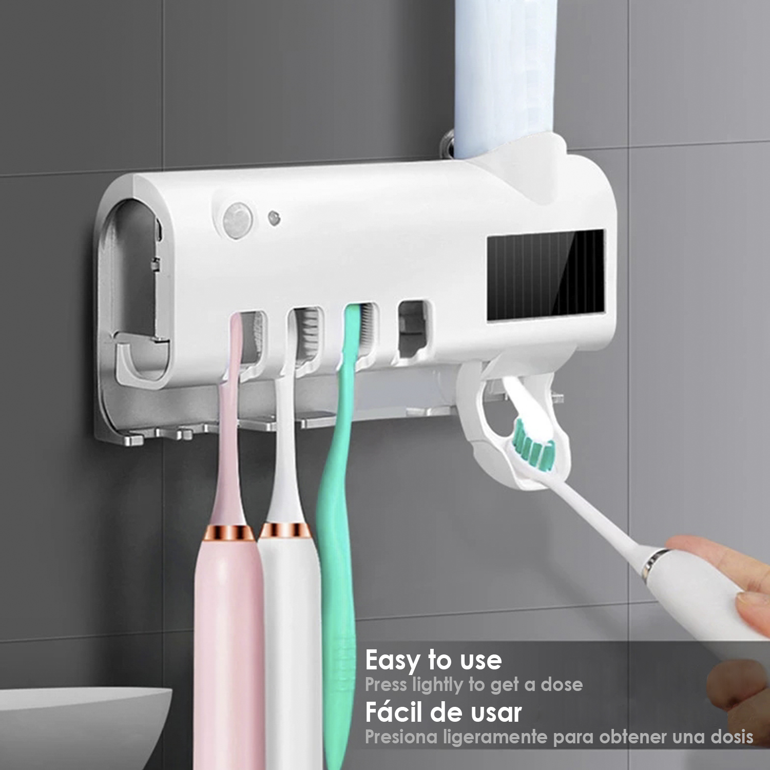 Un dispenser per spazzolini bianco con tre spazzolini e una persona che ne usa uno. Il testo recita, facile da usare.