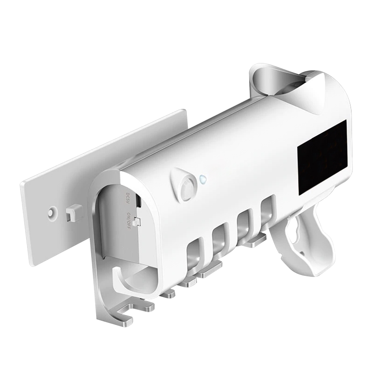 Un porta spazzolino bianco con display nero e diverse fessure. Ha una piastra di montaggio e un interruttore on/off.