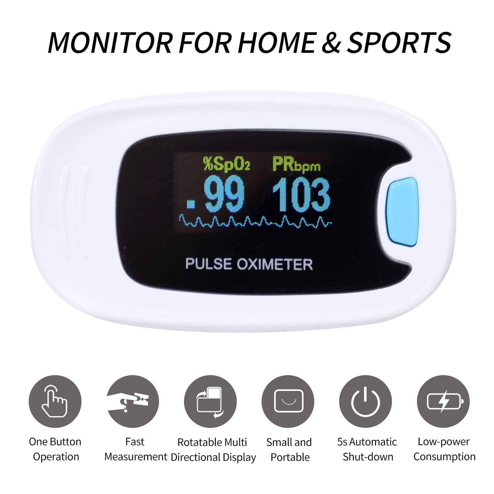 Pulsoximeter, das Messwerte für SpO2 und PRbpm anzeigt. Es hat ein weißes Gehäuse, einen Bildschirm und eine blaue Taste.