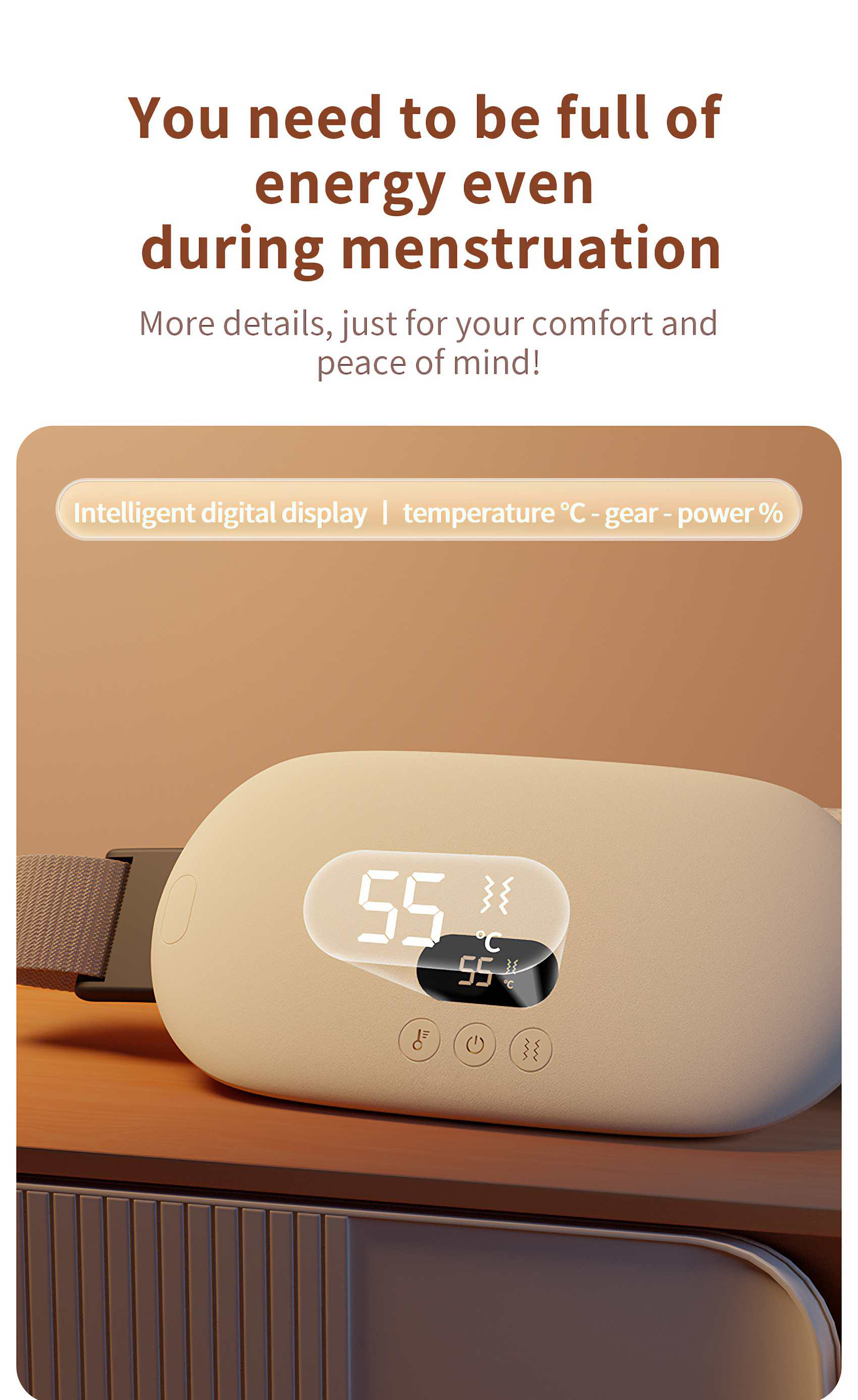 Ein elektrisches Heizkissen mit Digitalanzeige, die 55 Grad Celsius anzeigt. Der Text besagt, dass es während der Menstruation hilft.