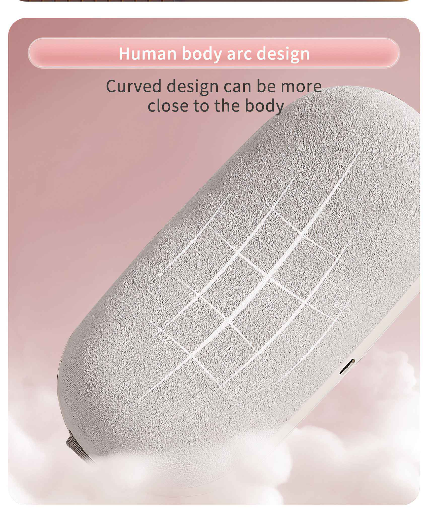 Weißes, strukturiertes Gerät mit Gitterdesign, geschwungene Form. Rosa Hintergrund mit Text: Human Body Arc Design.