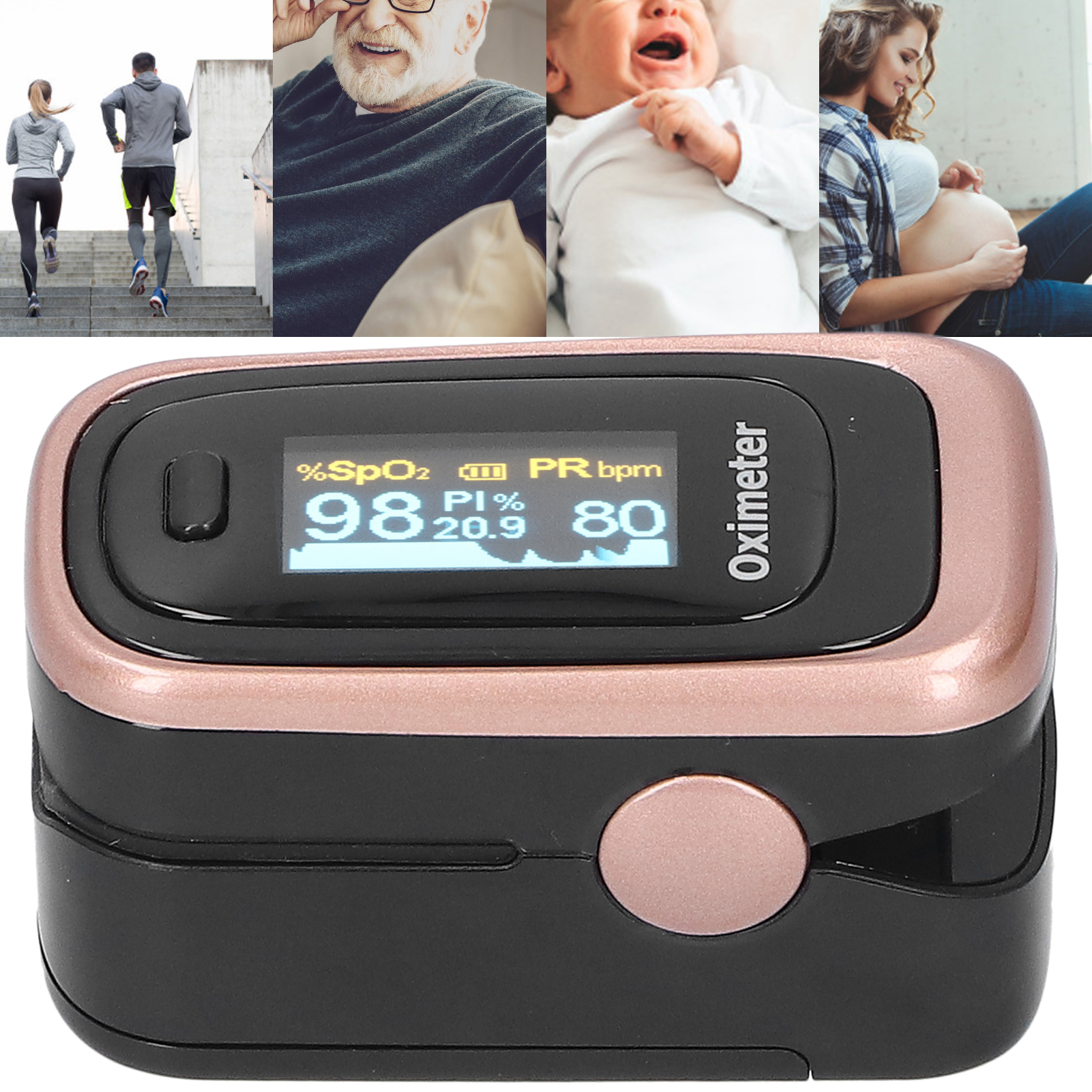 Das Bild zeigt ein Oximeter mit Messwerten. Es gibt auch vier kleinere Bilder: Läufer, ein älterer Mann, ein Baby und eine schwangere Frau.