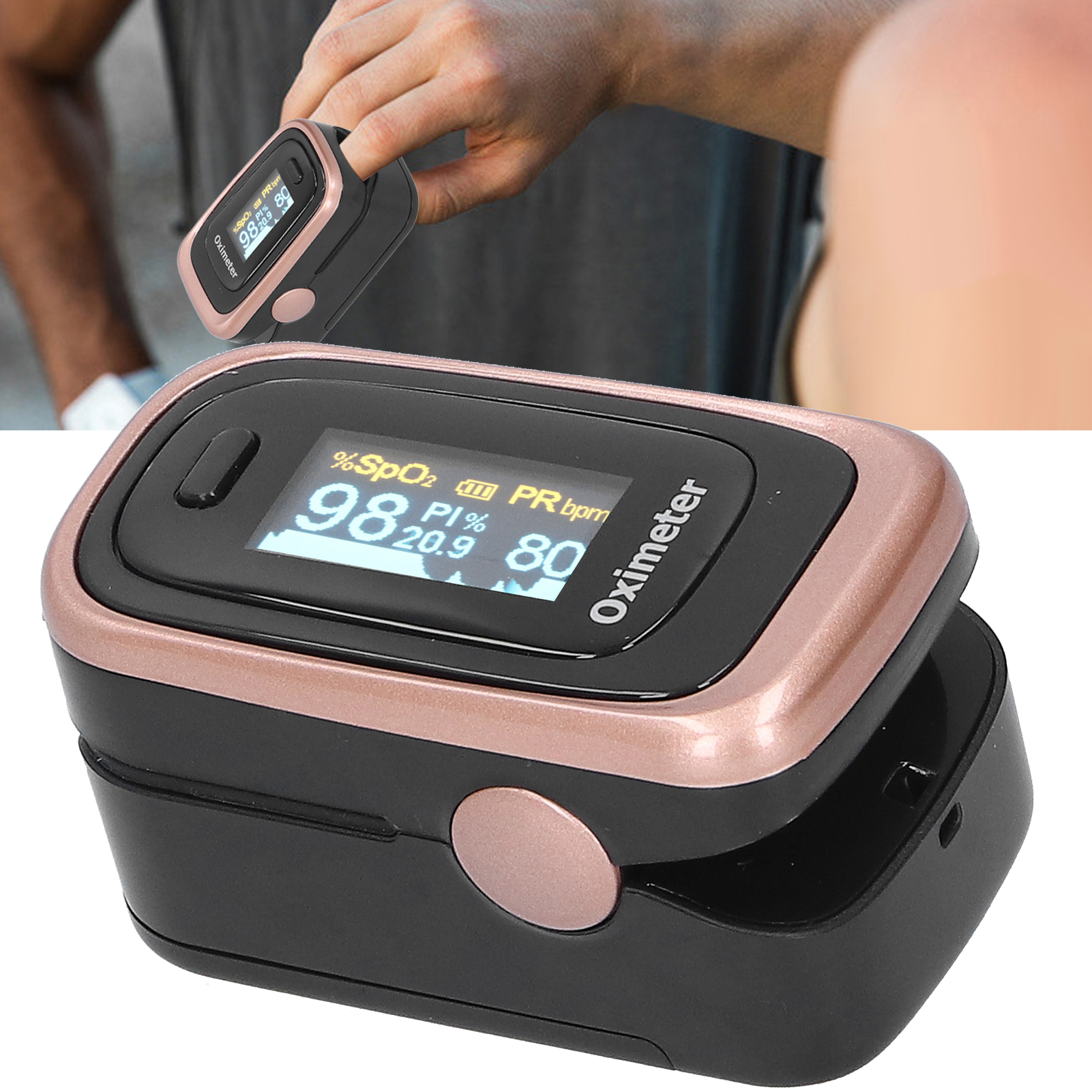 Ein schwarzes und roségoldenes Oximeter misst die Sauerstoffsättigung und die Pulsfrequenz an einem Finger. Zeigt Werte von 98 %, 20,9 % und 80 bpm an.