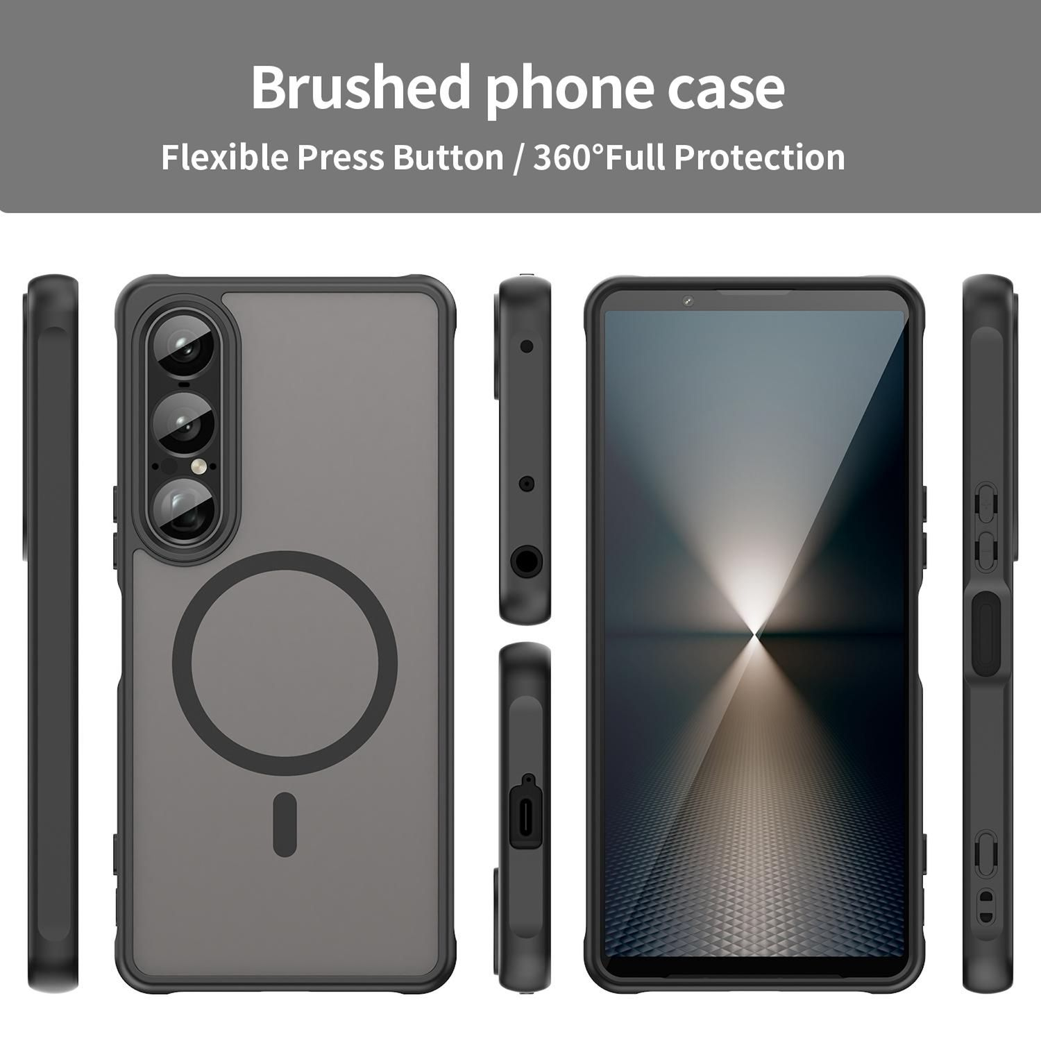 Funda de teléfono negra con parte trasera gris y anillo magnético. La funda tiene recorte de cámara y botones.